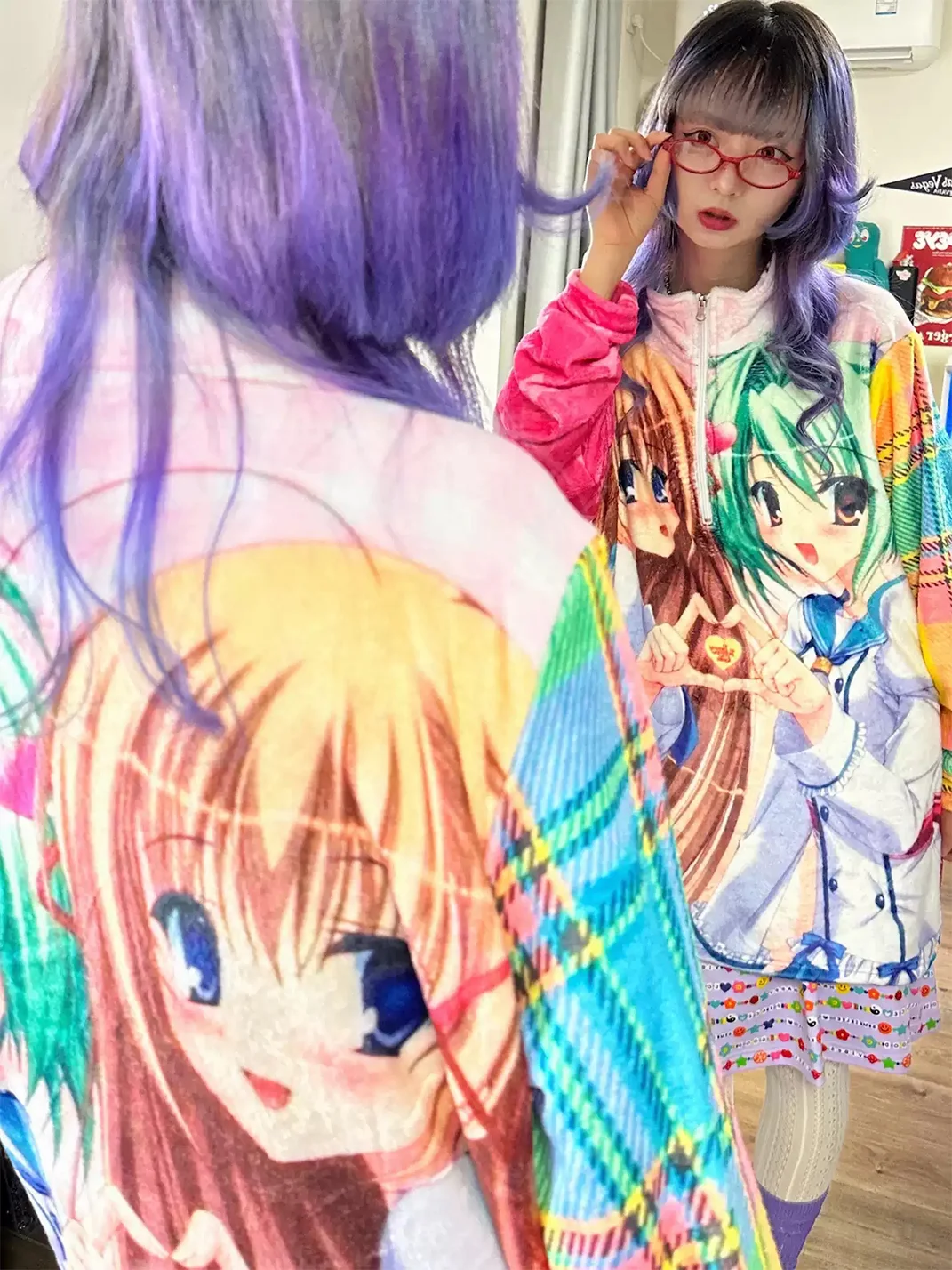 Bunnybunnygun | Anime Print Oversized Flannel Half-Zip Fleece Top
