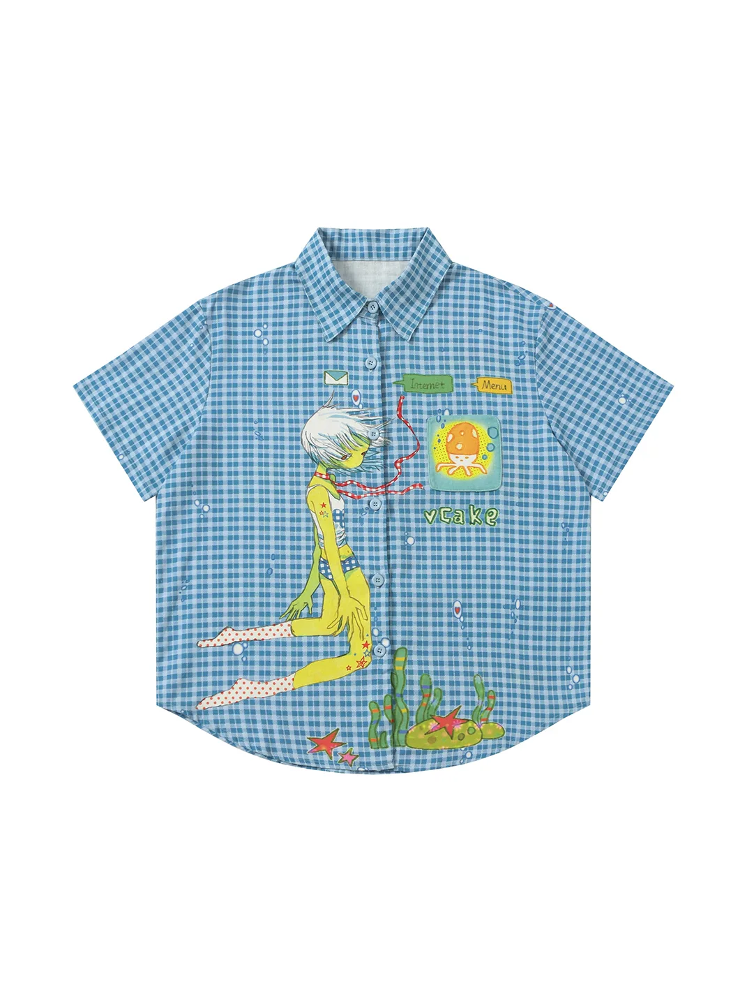 BlackBerry | Blue Plaid Short-Sleeve Shirt with Cartoon Ocean Motifs