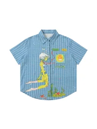 BlackBerry | Blue Plaid Short-Sleeve Shirt with Cartoon Ocean Motifs