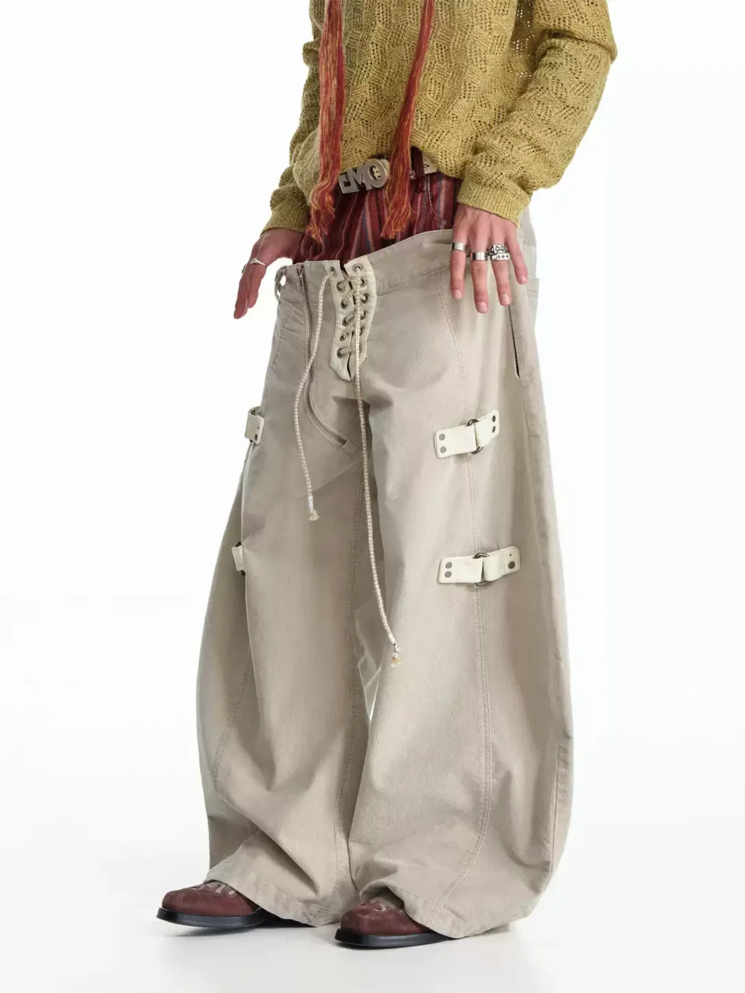 EMOBROTHER | Double-Waist Contrast Curved-Leg Pants