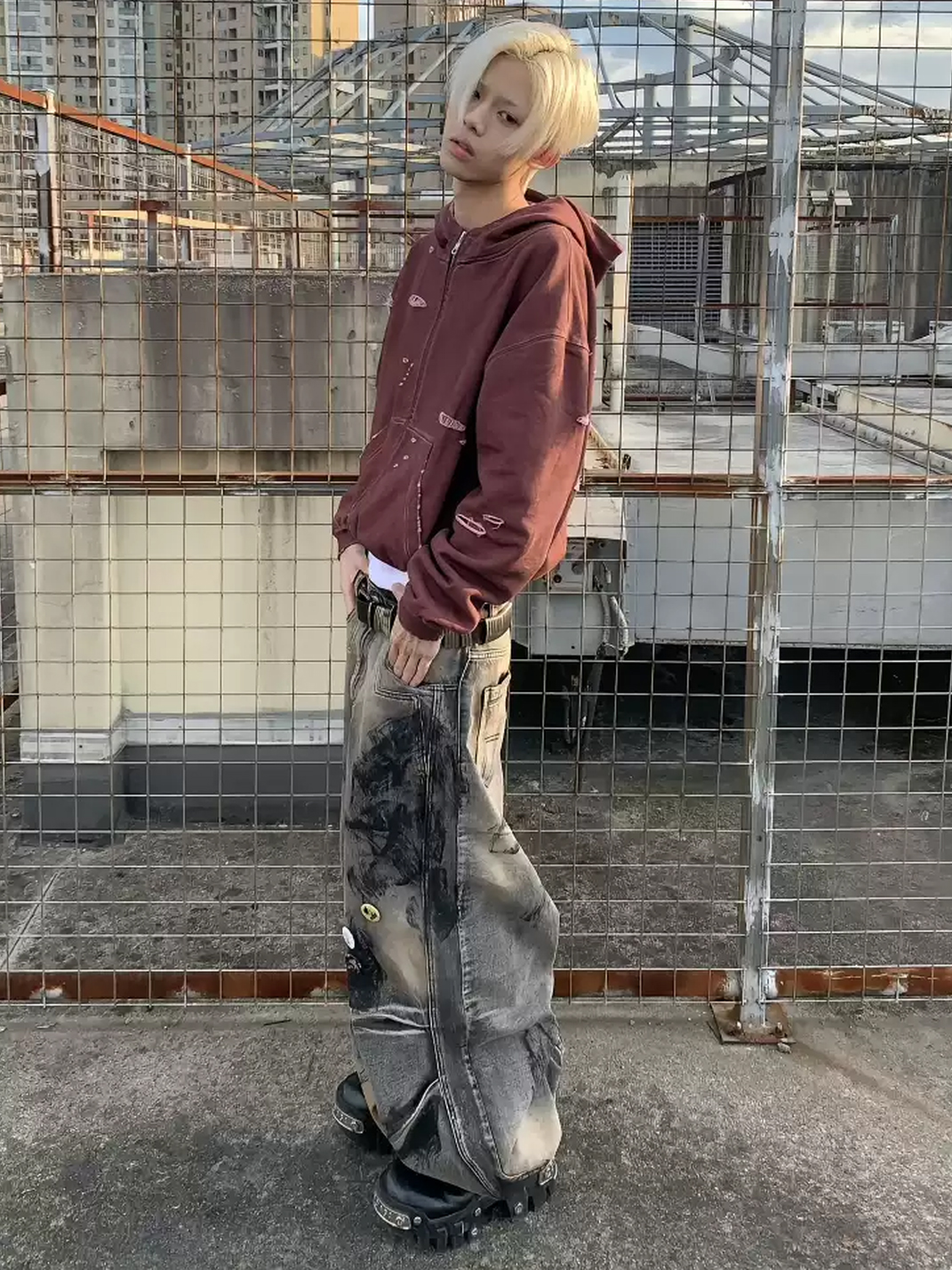 EMOBROTHER | Distressed Oxidized Stain Wide-Leg Jeans | PSYLOS1