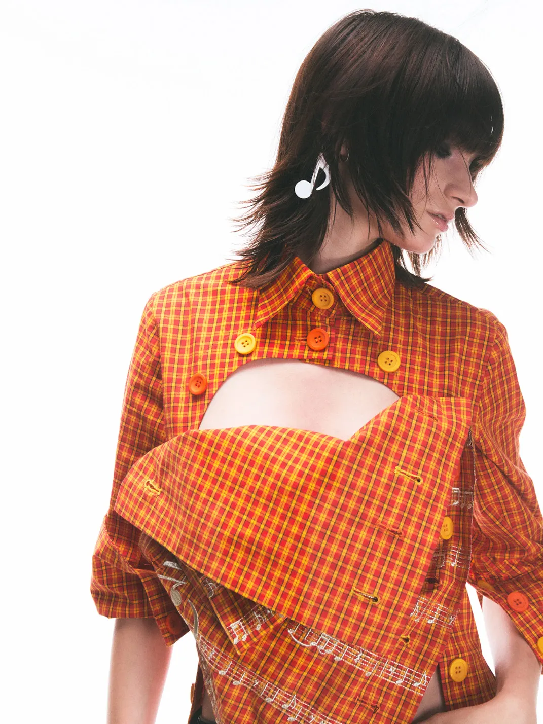 Fruitanari | Unisex Orange Yellow Plaid Musical Note Shirt