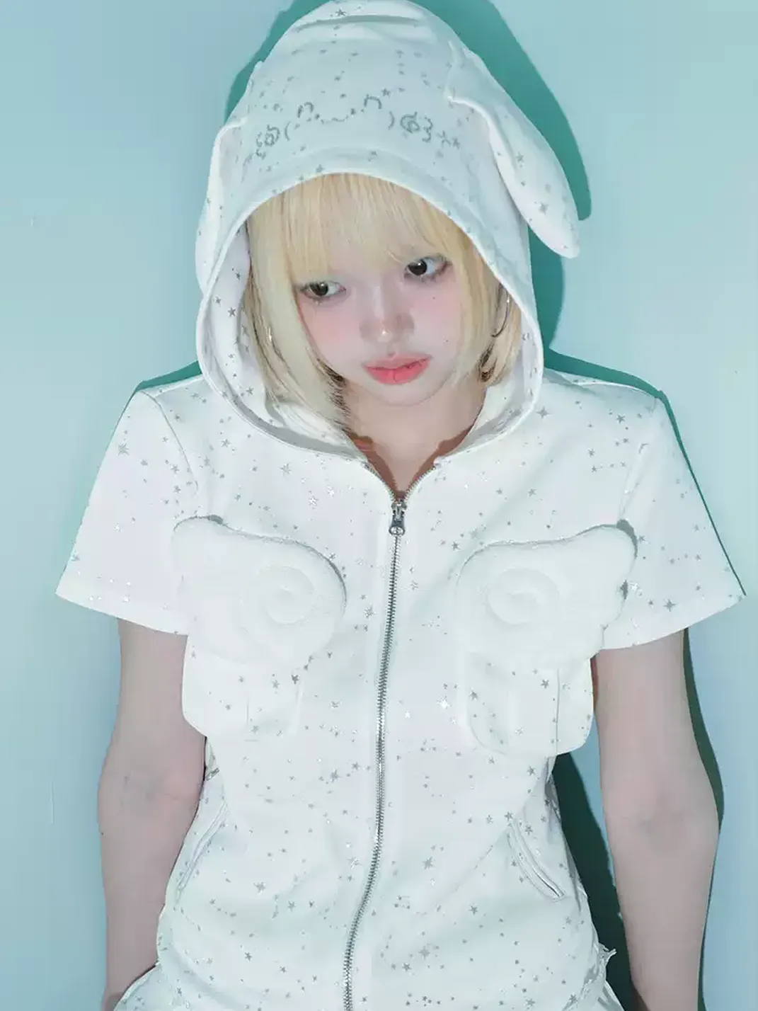 Hashtag DDD | White Star Print Bunny-Ear Hooded Jacket