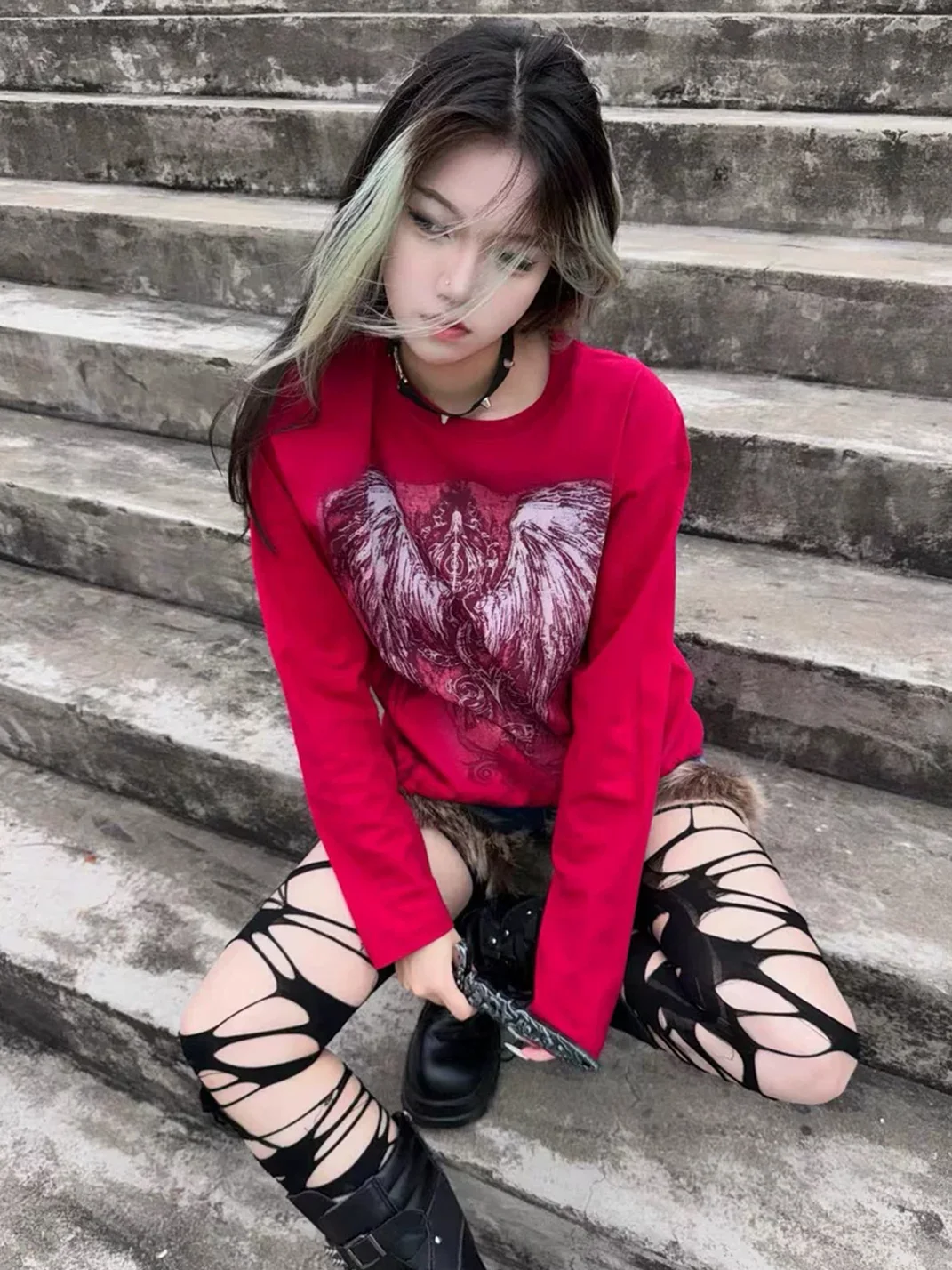 WEBBAR | Y2K Gothic Red Long Sleeve Graphic T-Shirt