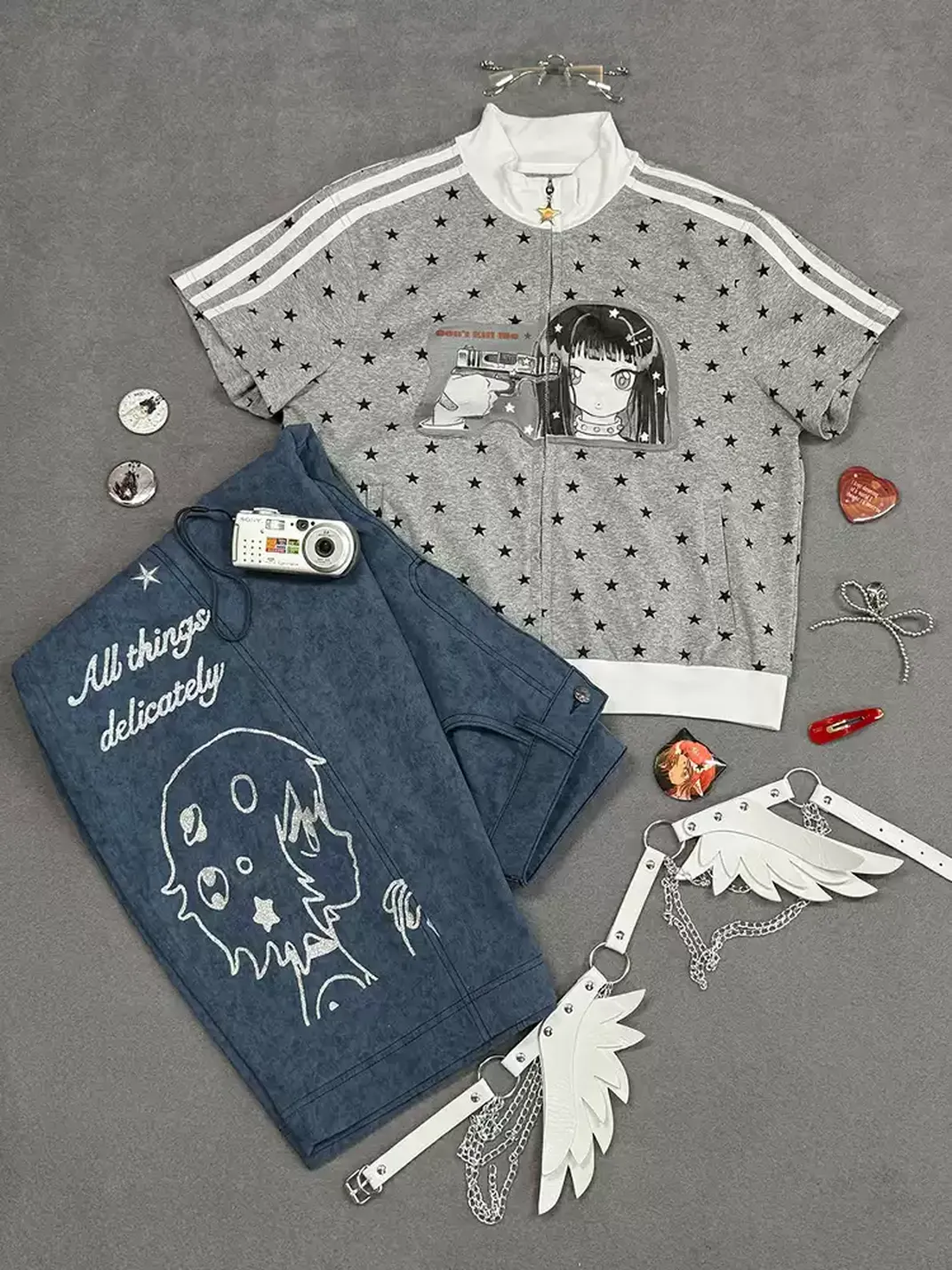 Hashtag DDD | Gray Star Print Short-Sleeve Zip-Up Jacket