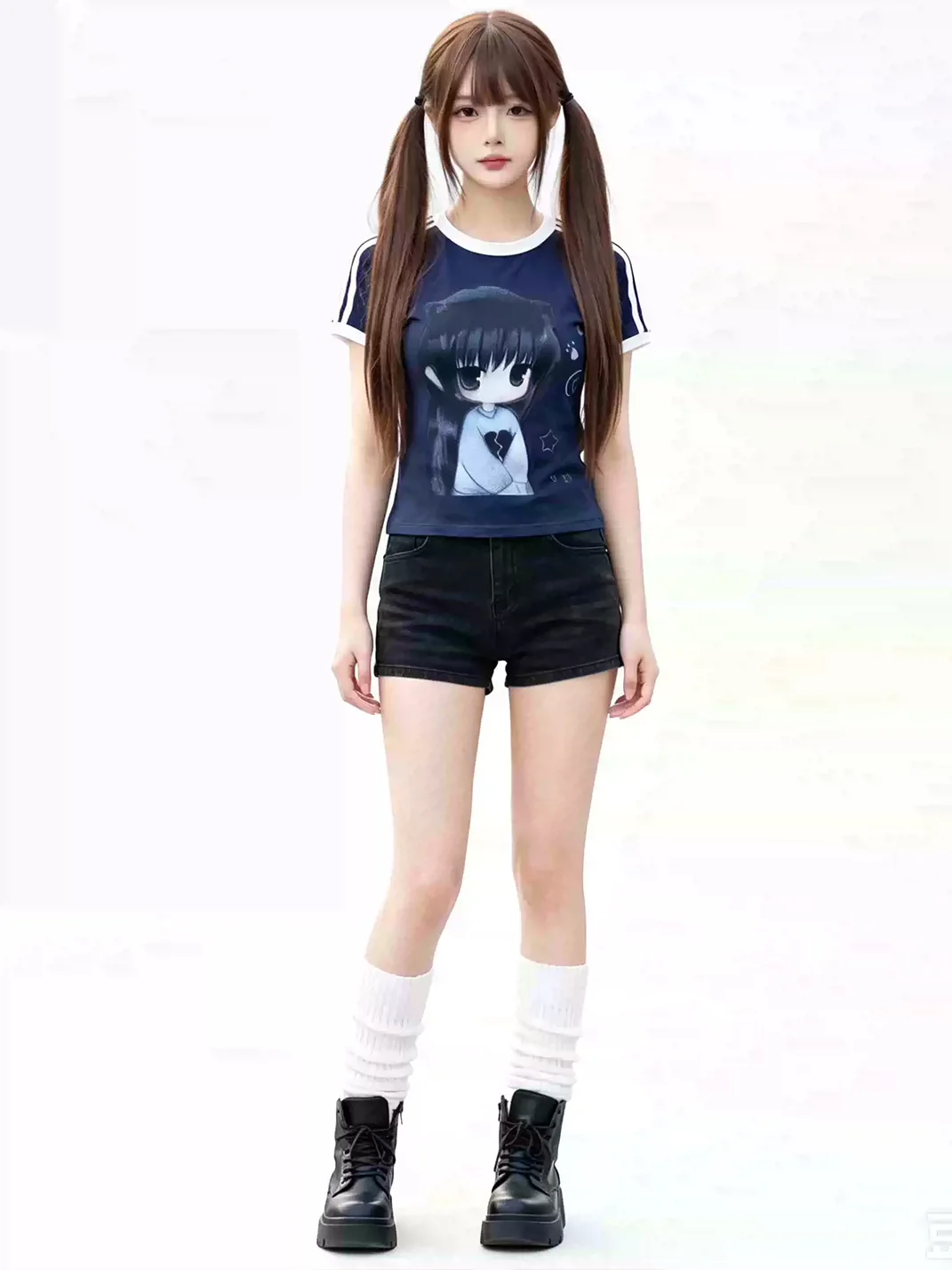 WEBBAR | Blue Short Sleeve T-Shirt With Anime Pattern