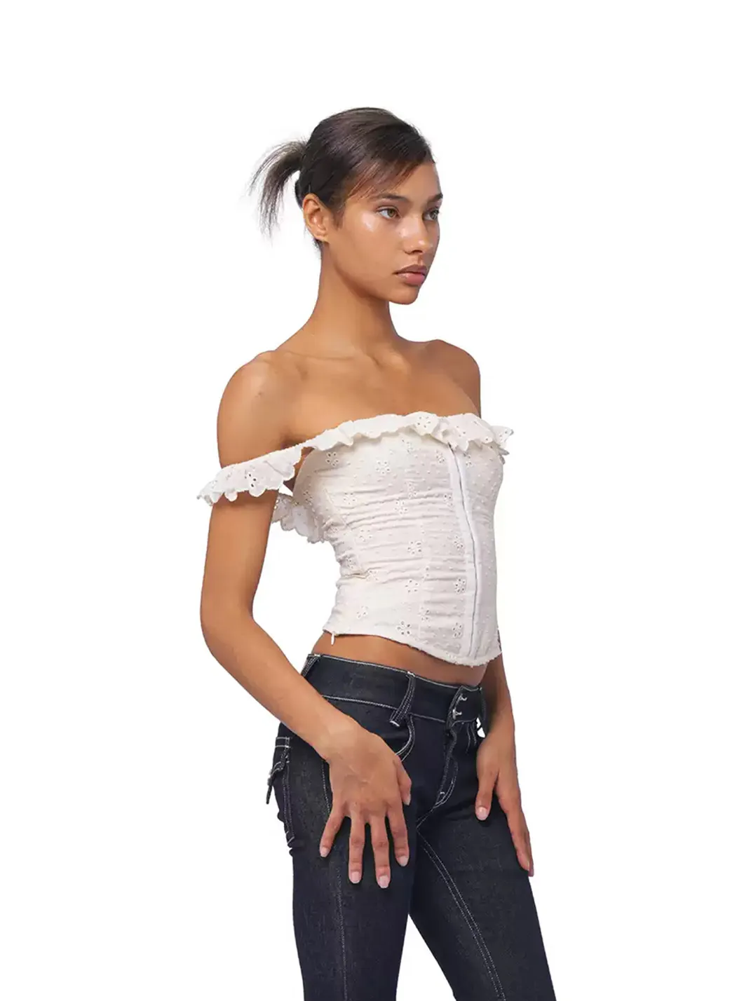 SweetChilling | Embroidered Ruffle Off-Shoulder Cropped Top
