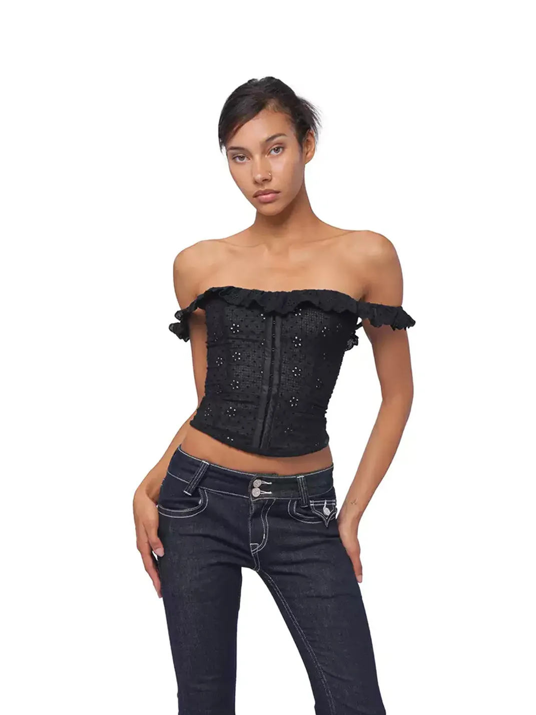 SweetChilling | Embroidered Ruffle Off-Shoulder Cropped Top
