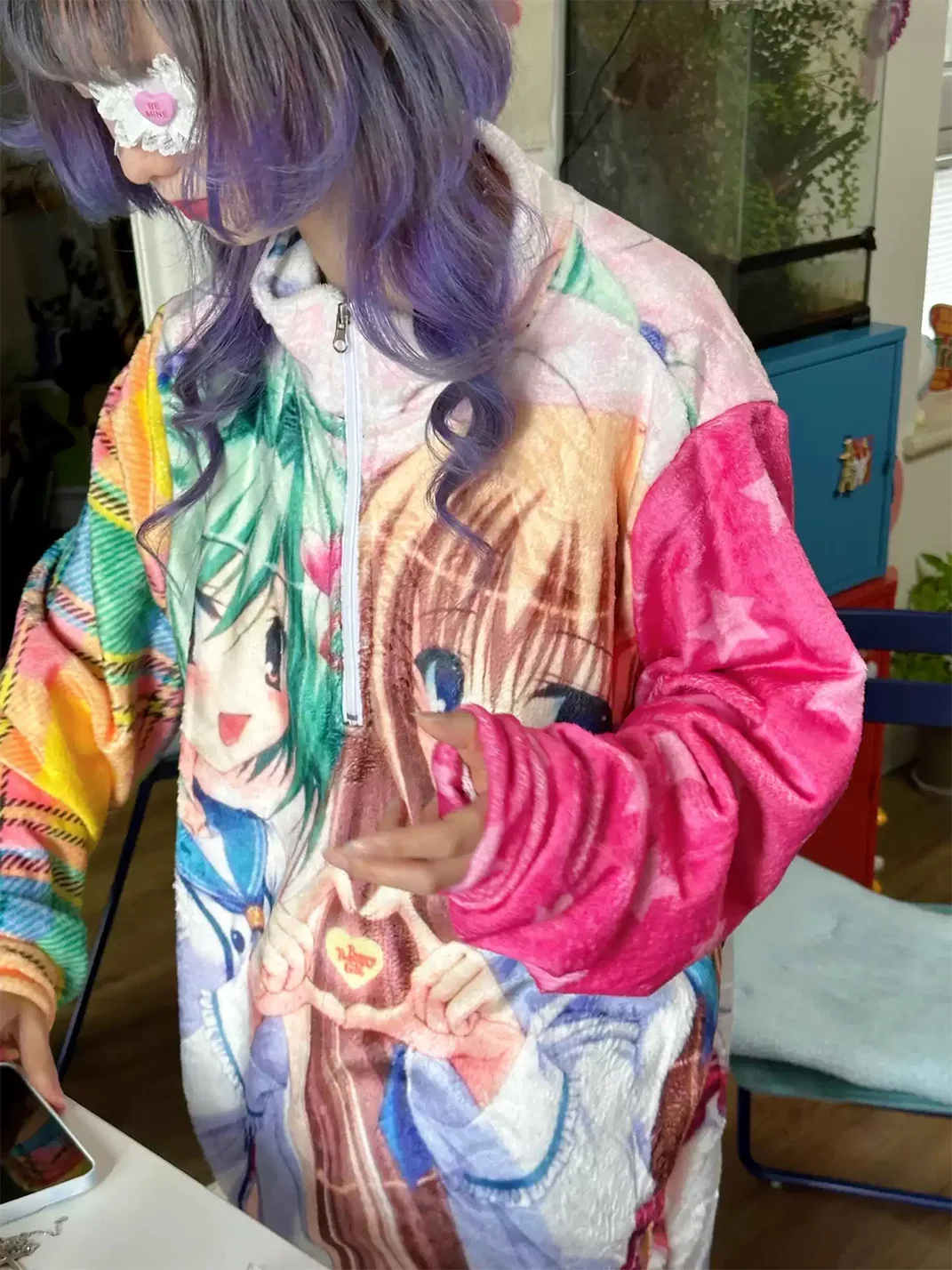 Bunnybunnygun | Anime Print Oversized Flannel Half-Zip Fleece Top