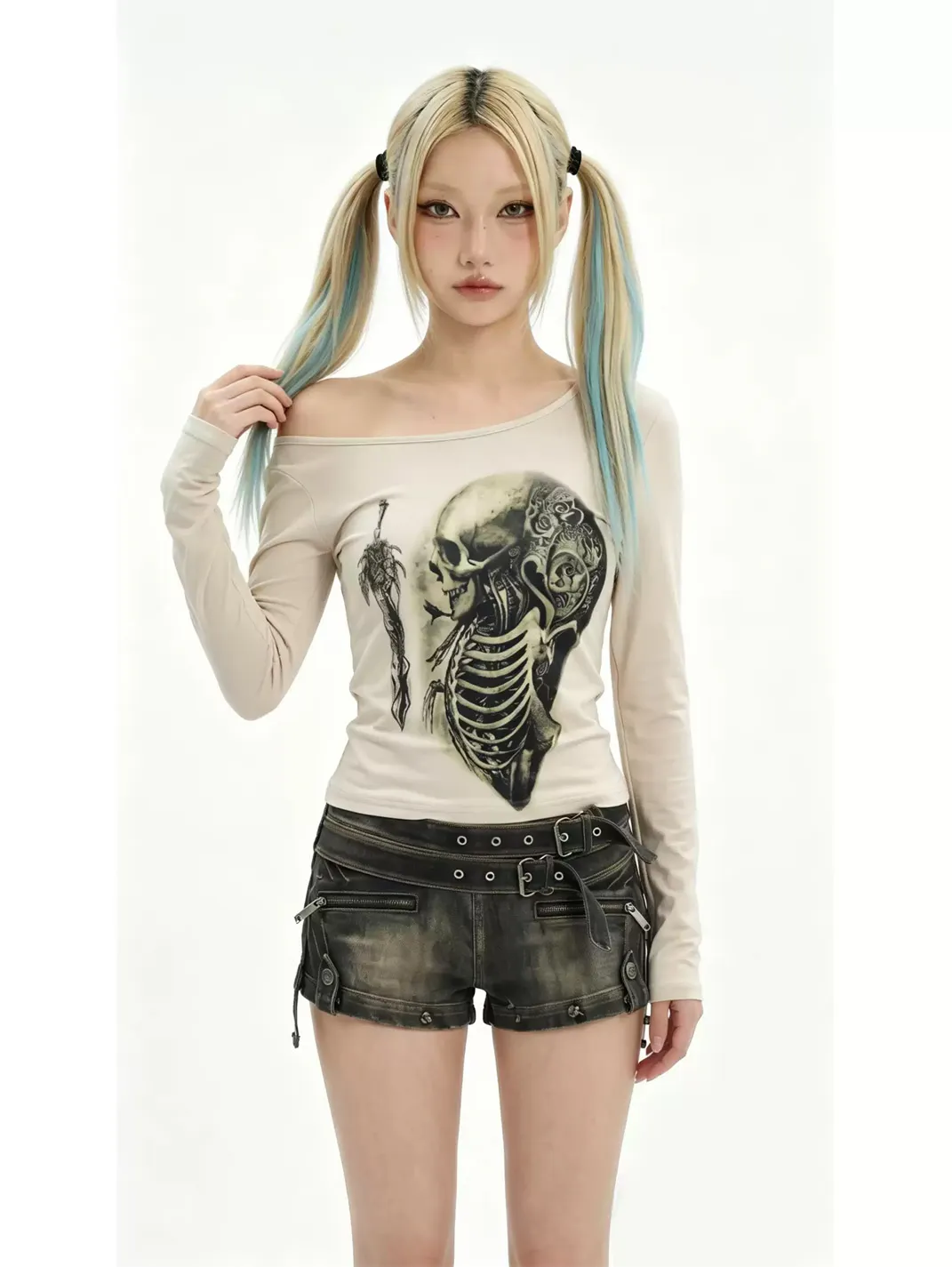 WEBBAR | Off-Shoulder Skeleton Print Modal Long Sleeve T-Shirt