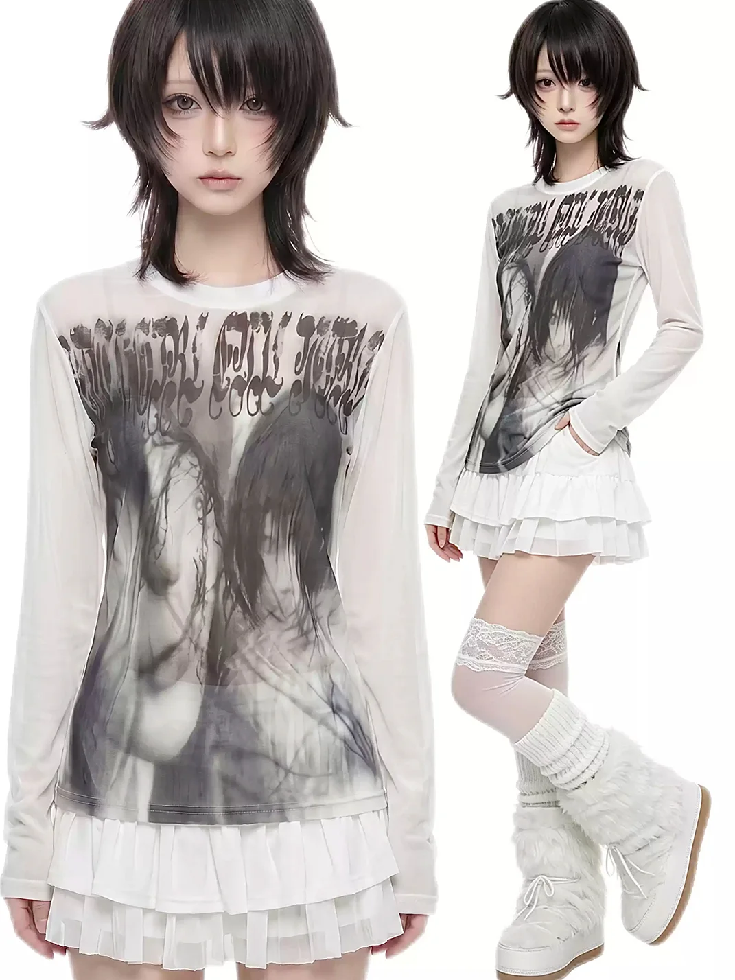 WEBBAR | Goth Emo Graphic Print 100% Cotton Long Sleeve T-Shirt