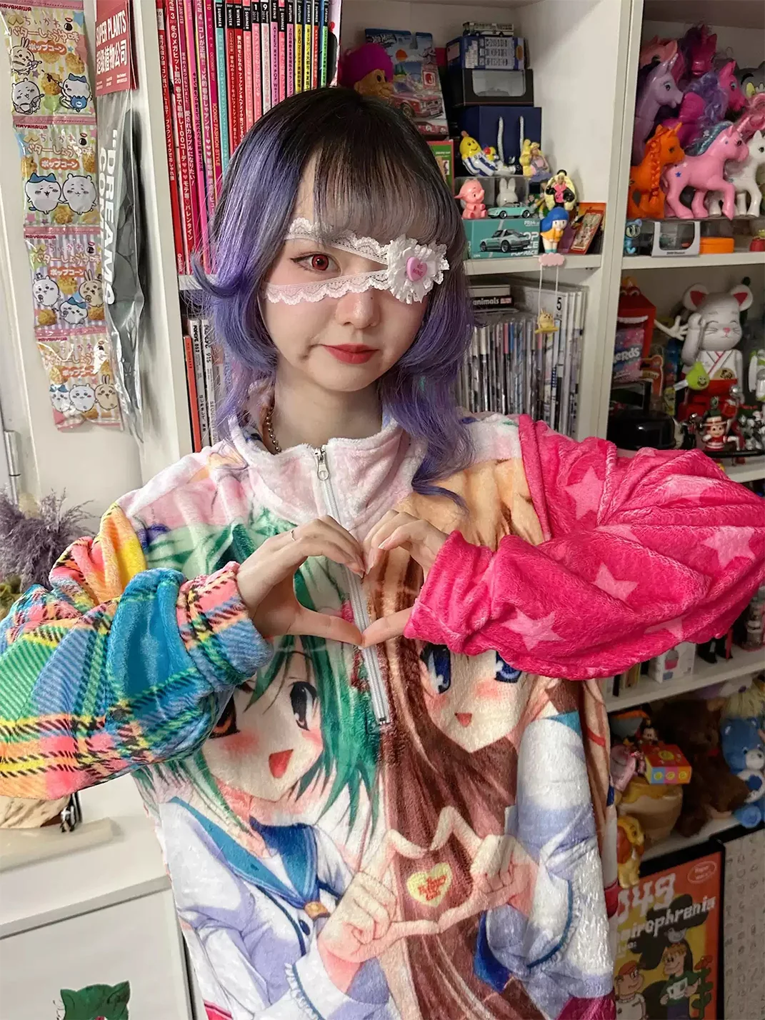 Bunnybunnygun | Anime Print Oversized Flannel Half-Zip Fleece Top