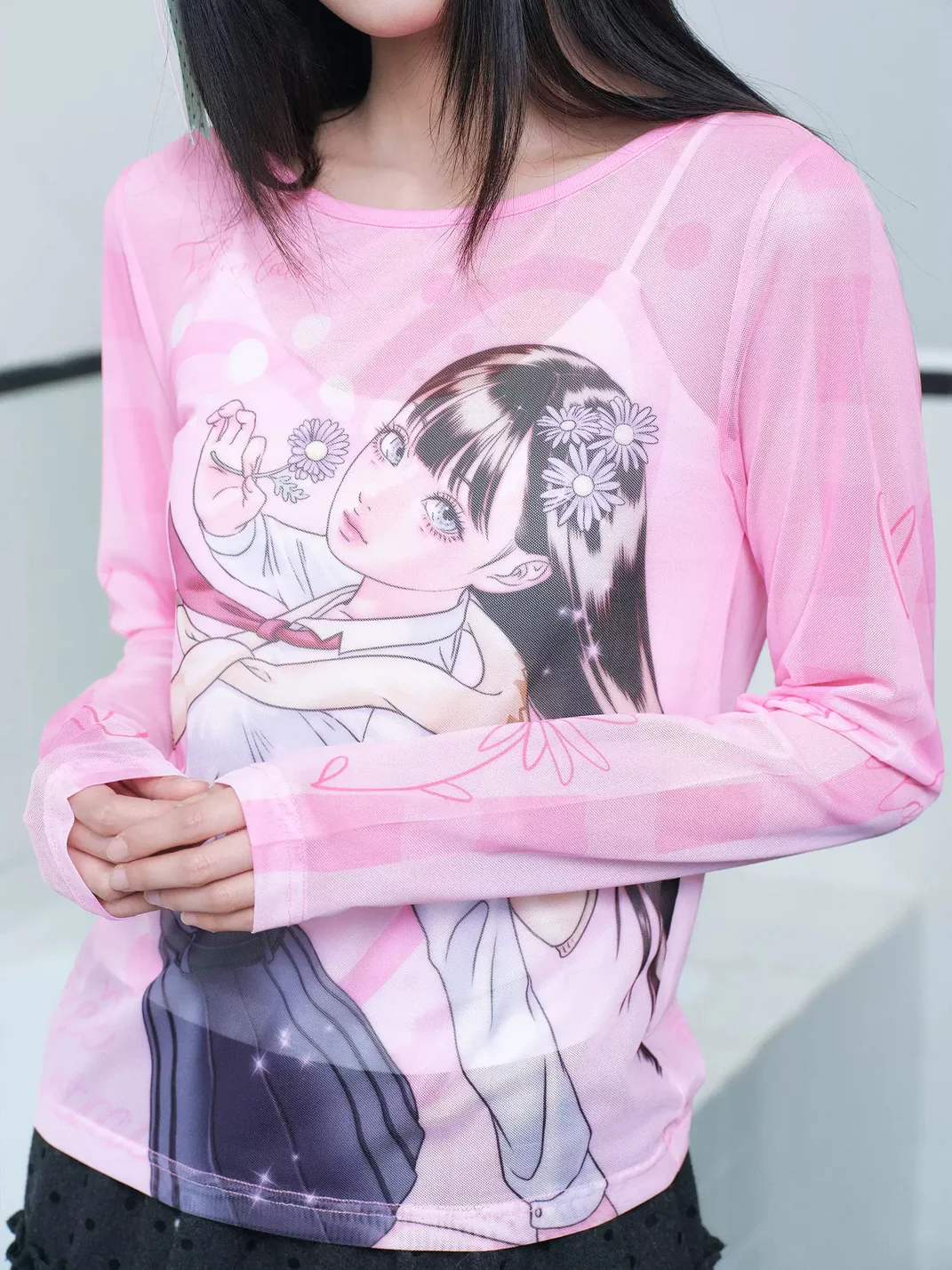 EeeeArtmonster | PEGACON Girl Print Sheer Mesh Long Sleeve Top