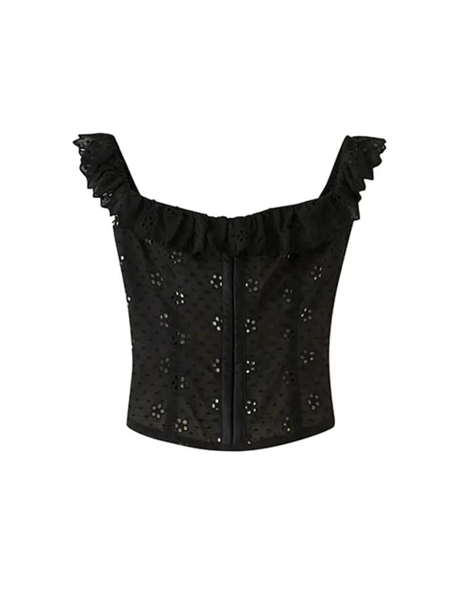 SweetChilling | Embroidered Ruffle Off-Shoulder Cropped Top - 2