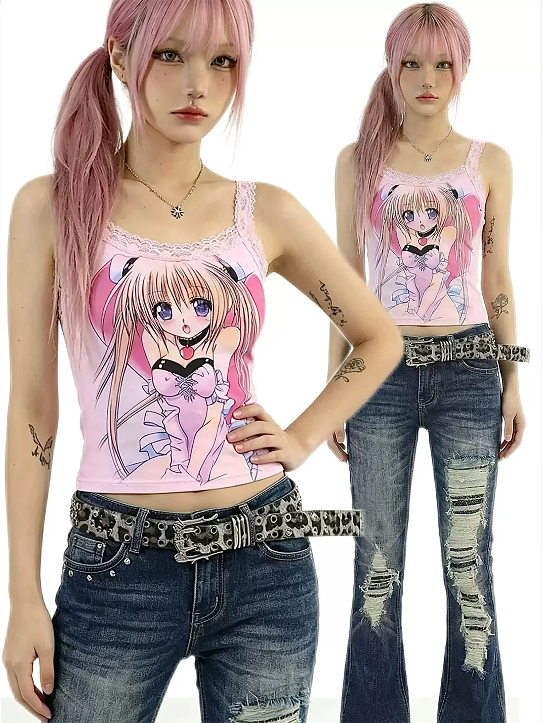 WEBBAR | Pink Lace Camisole With 2D Girl Print