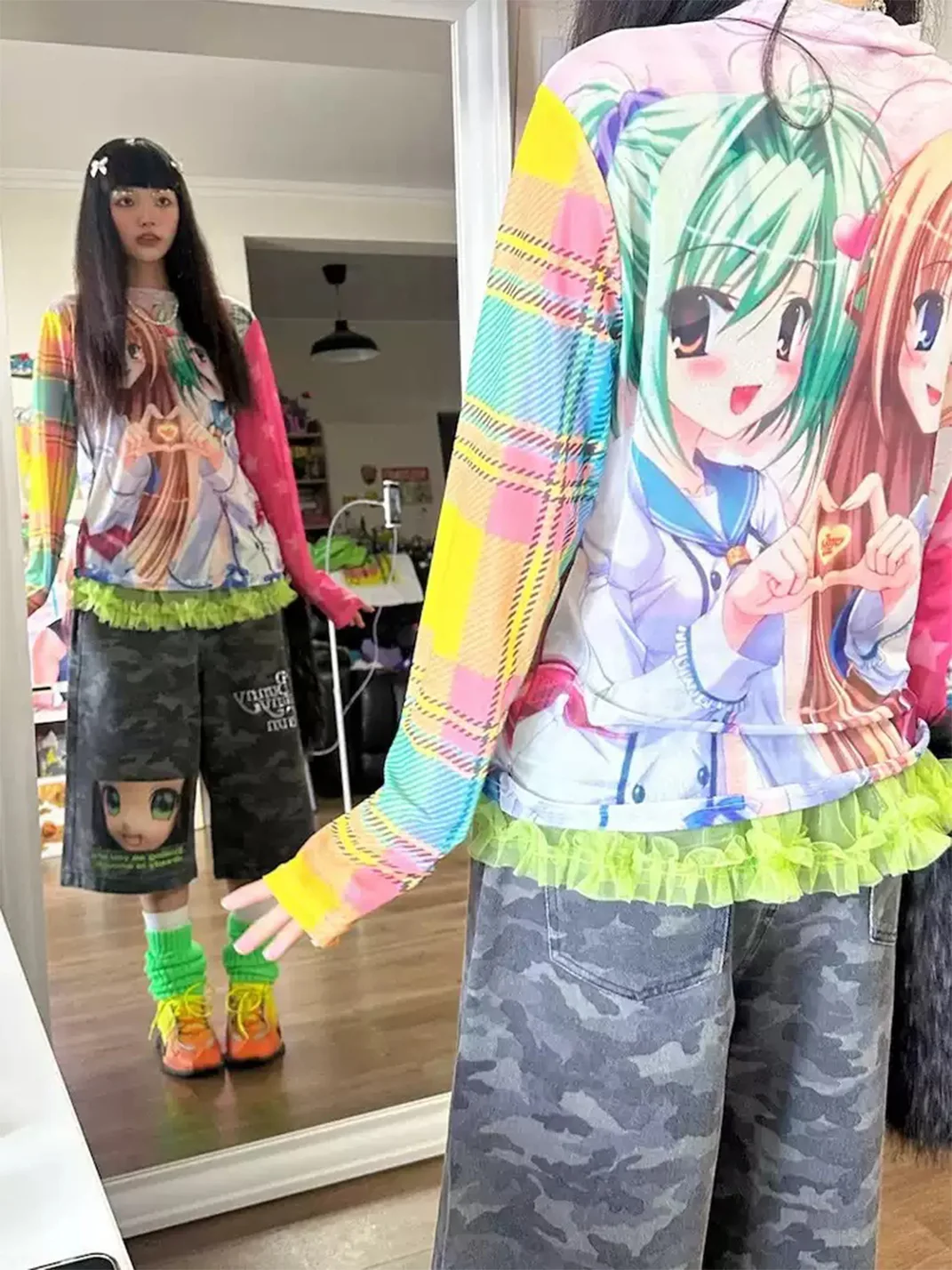 Bunnybunnygun | Y2K Anime Print Sheer Mesh Long Sleeve Top