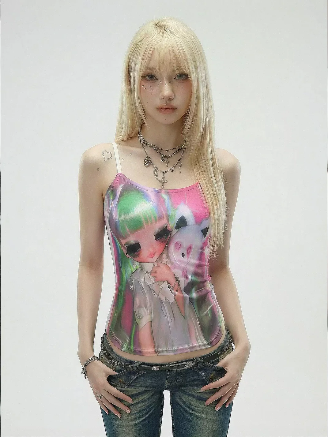 WEBBAR | Green Doll White Printed Cami Top