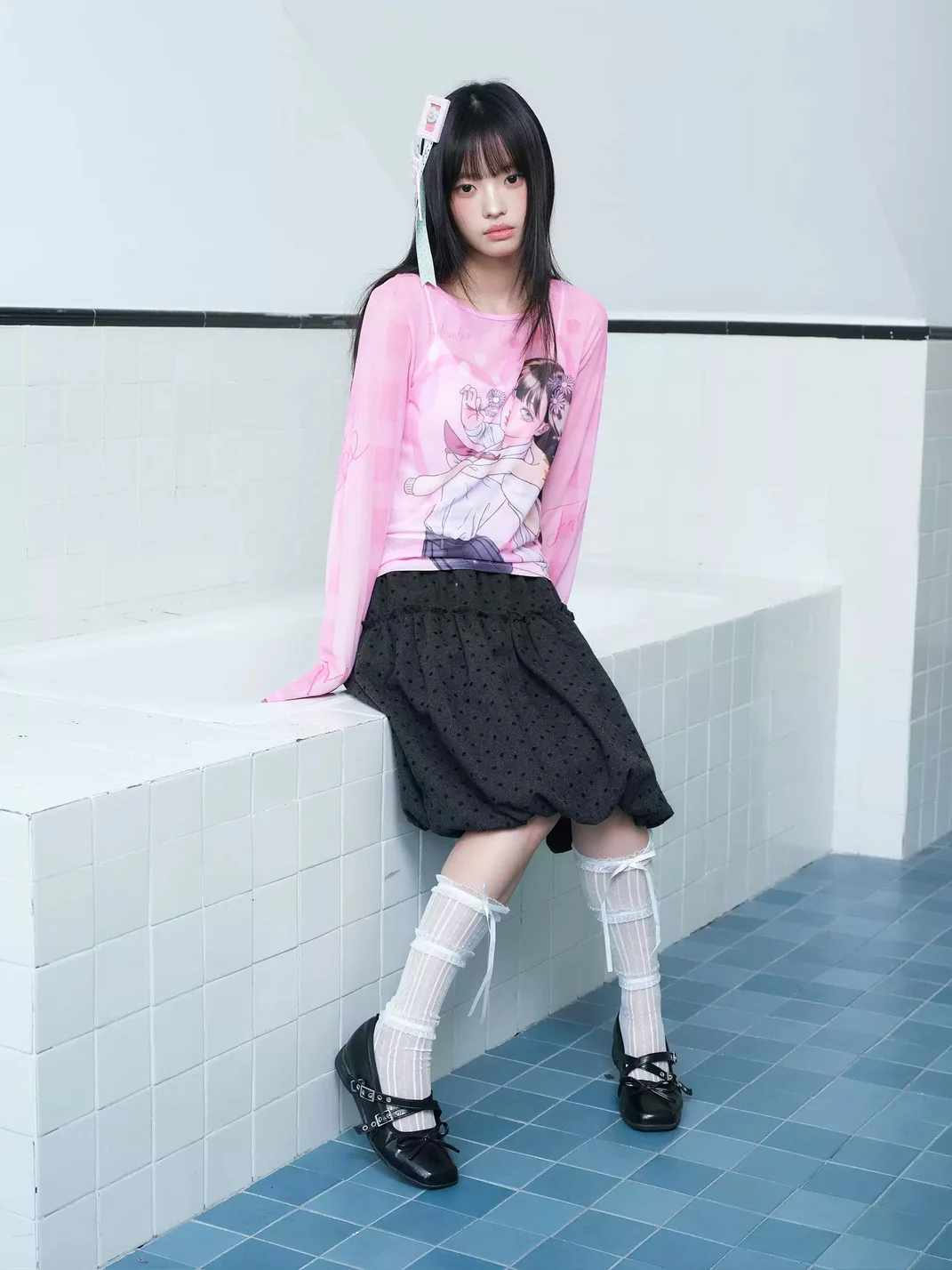 EeeeArtmonster | PEGACON Girl Print Sheer Mesh Long Sleeve Top