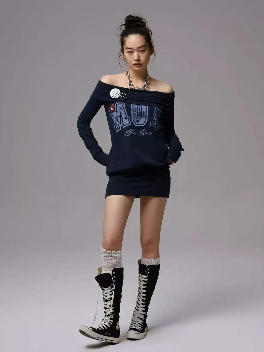 1JINN STUDIO | Off-Shoulder Letter Print Bodycon Dress