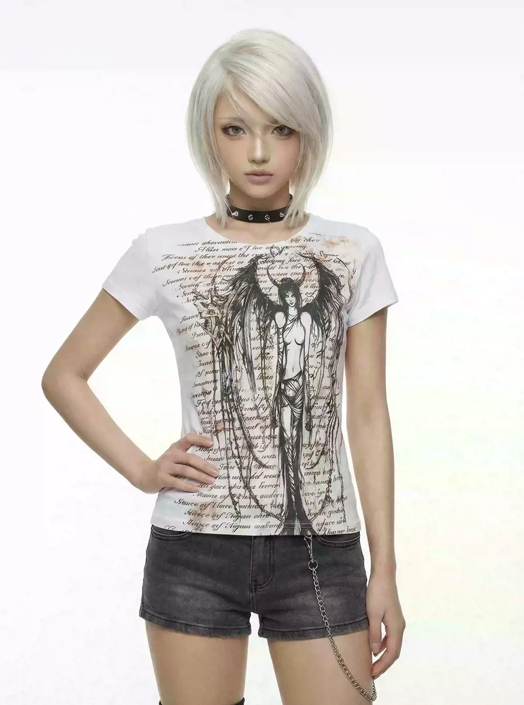 WEBBAR | Goth Style White Short Sleeve T-Shirt