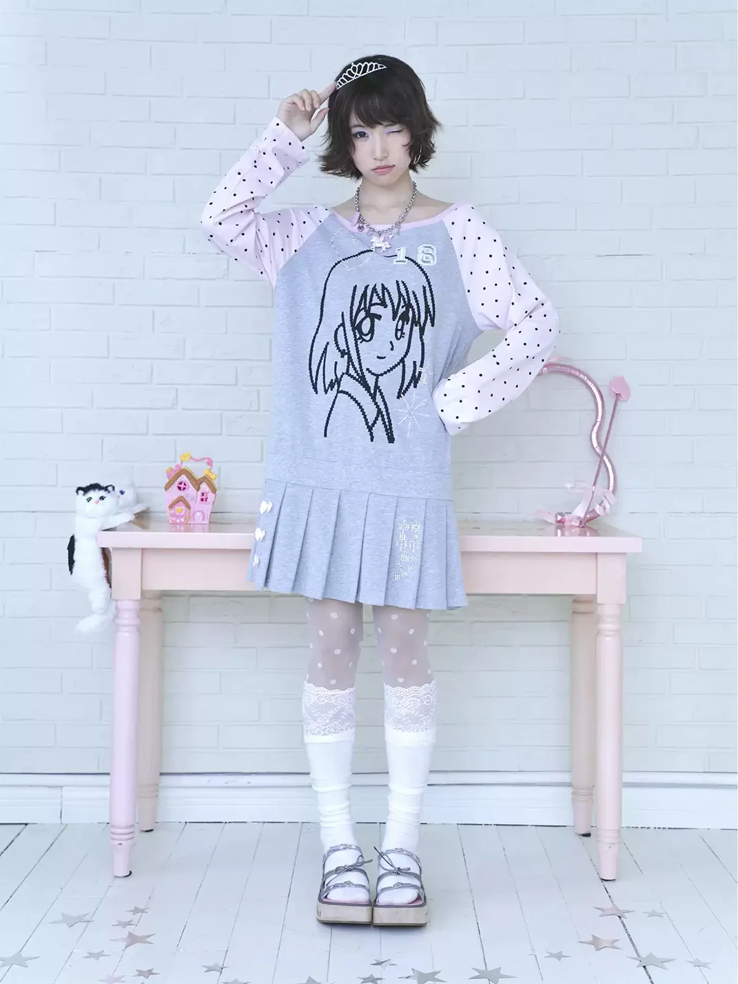 Hashtag DDD | Y2K Pixel Girl Off-Shoulder Long-Sleeve Pleated Dress