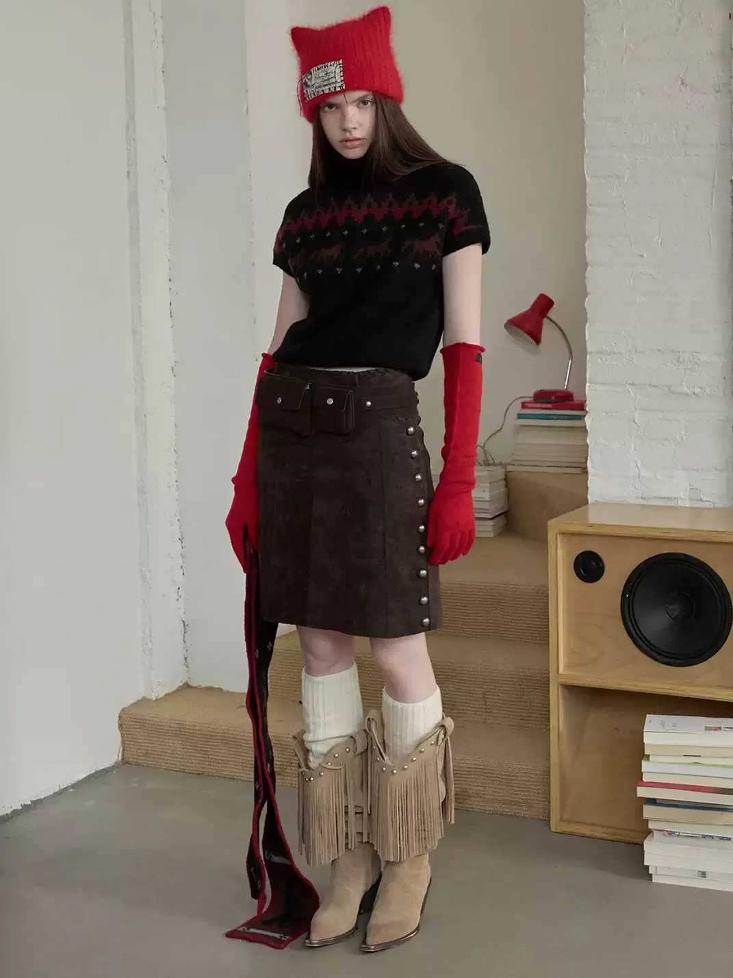 1JINN STUDIO | Vintage Suede Rivet High-Waisted A-Line Midi Skirt