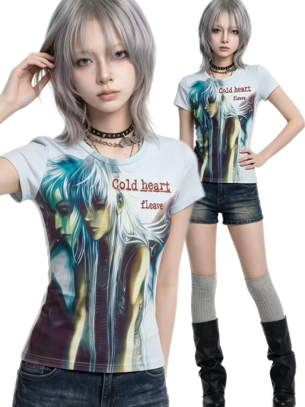 WEBBAR | Light Blue Y2K Anime Graphic Short Sleeve T-Shirt