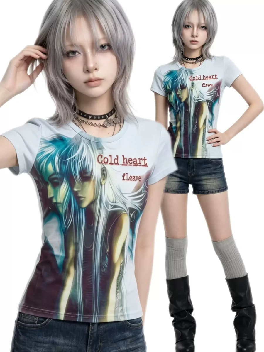 WEBBAR | Light Blue Y2K Anime Graphic Short Sleeve T-Shirt - 3