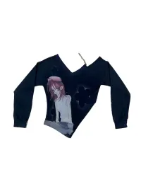 WEBBAR | Cyan Slanted Shoulder Chain Long Sleeve T-Shirt