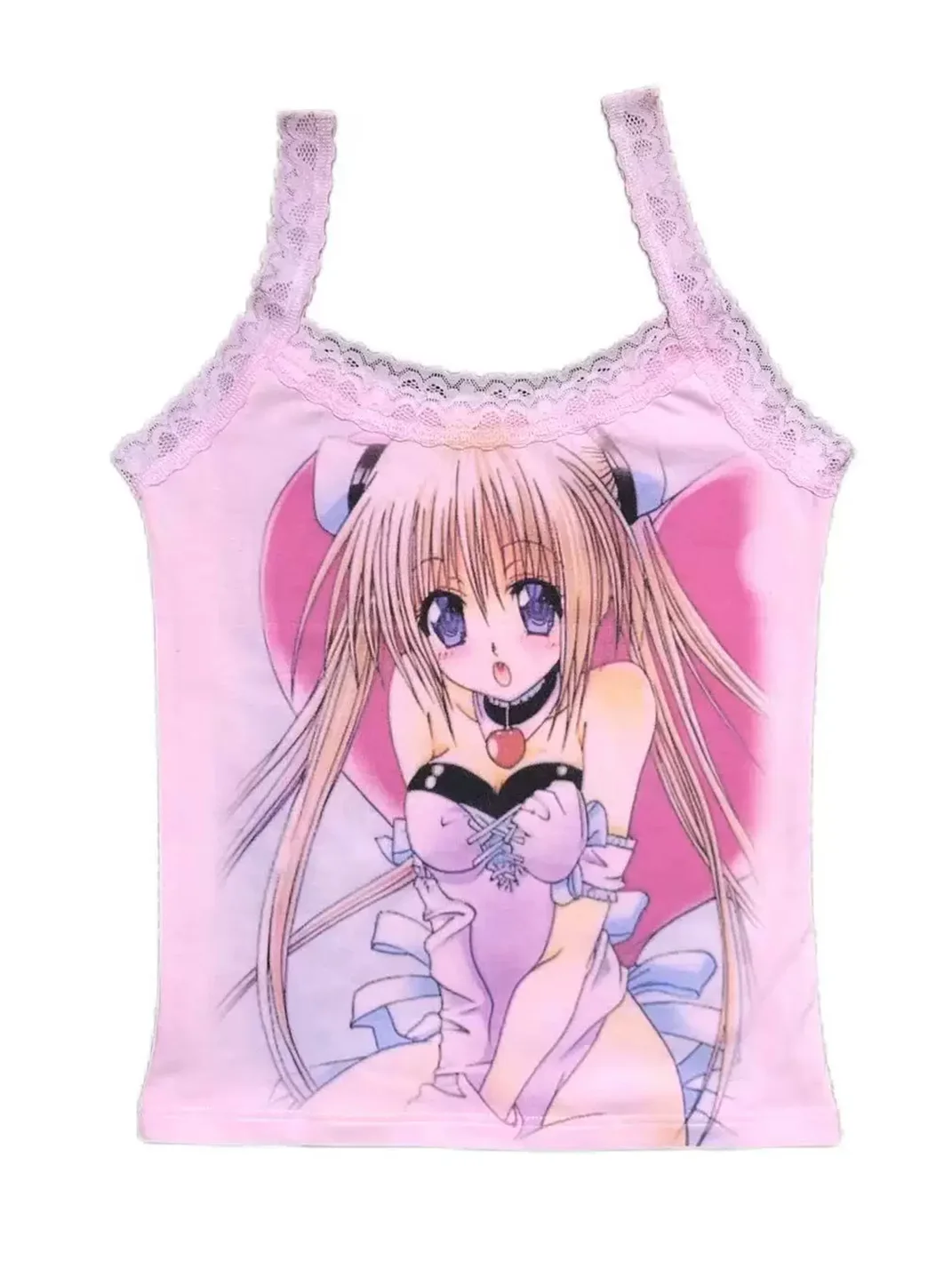 WEBBAR | Pink Lace Camisole With 2D Girl Print
