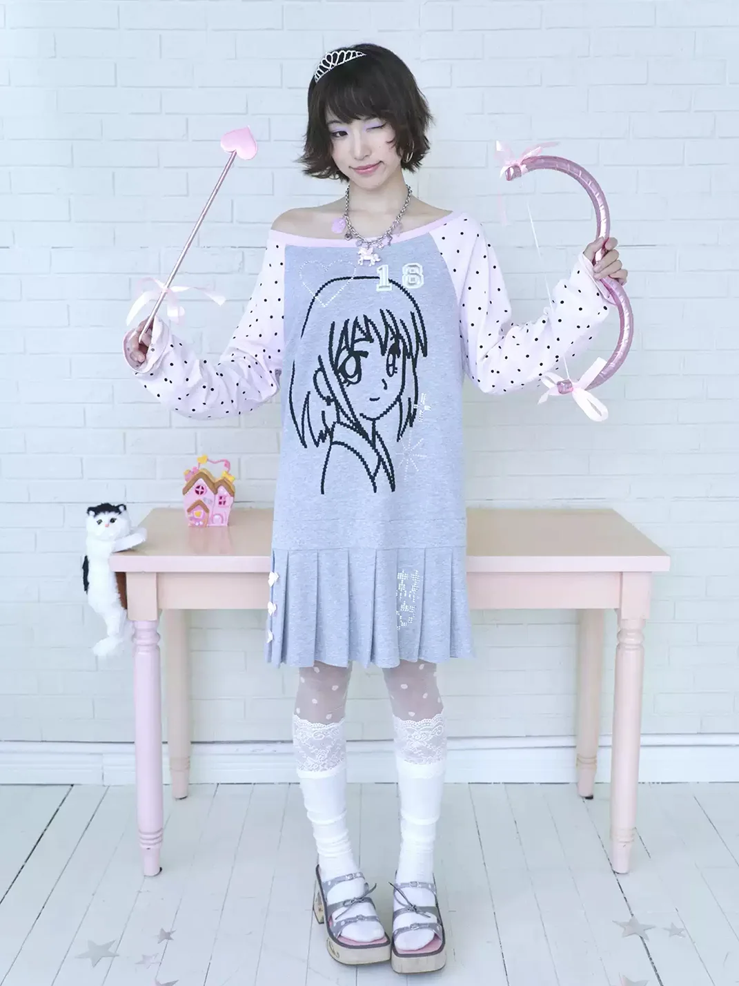 Hashtag DDD | Y2K Pixel Girl Off-Shoulder Long-Sleeve Pleated Dress