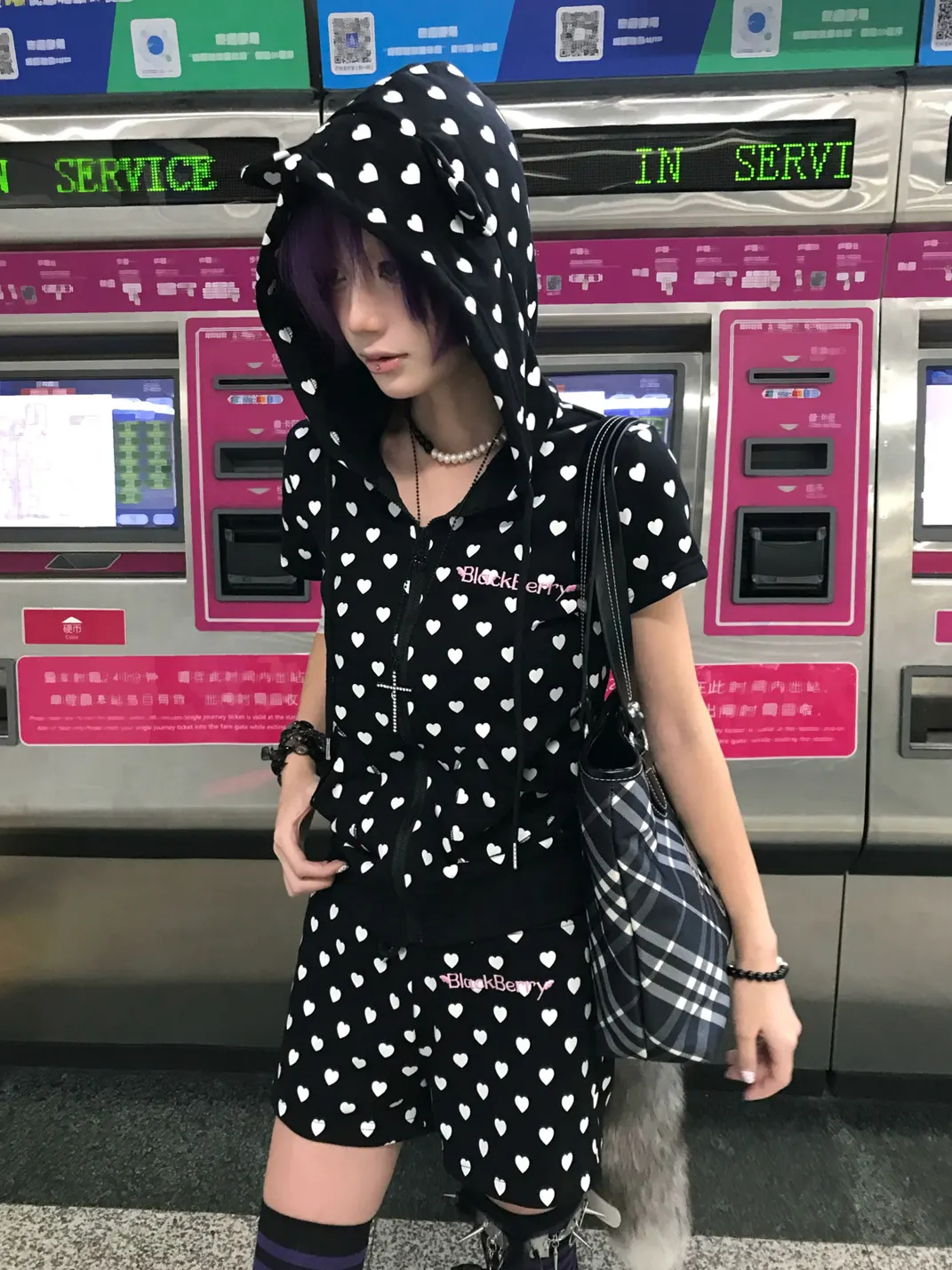 BlackBerry | Black Heart Print Cat-Ear Hooded Top and Shorts Set