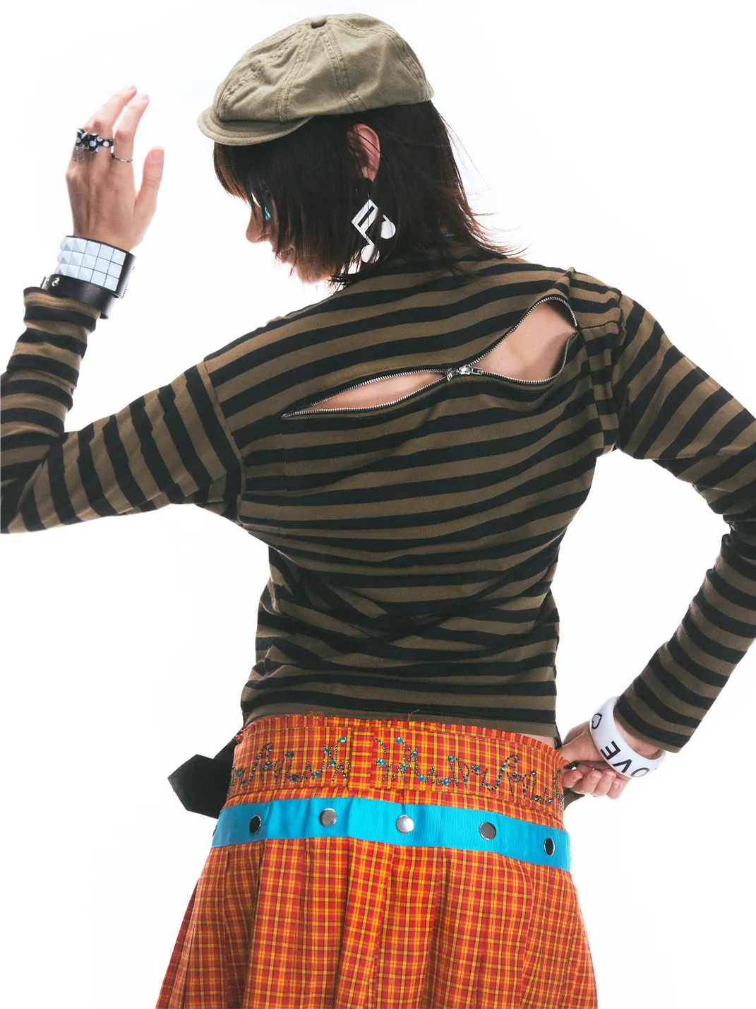 Fruitanari | Striped Off-Shoulder Zip-Back Long Sleeve Top