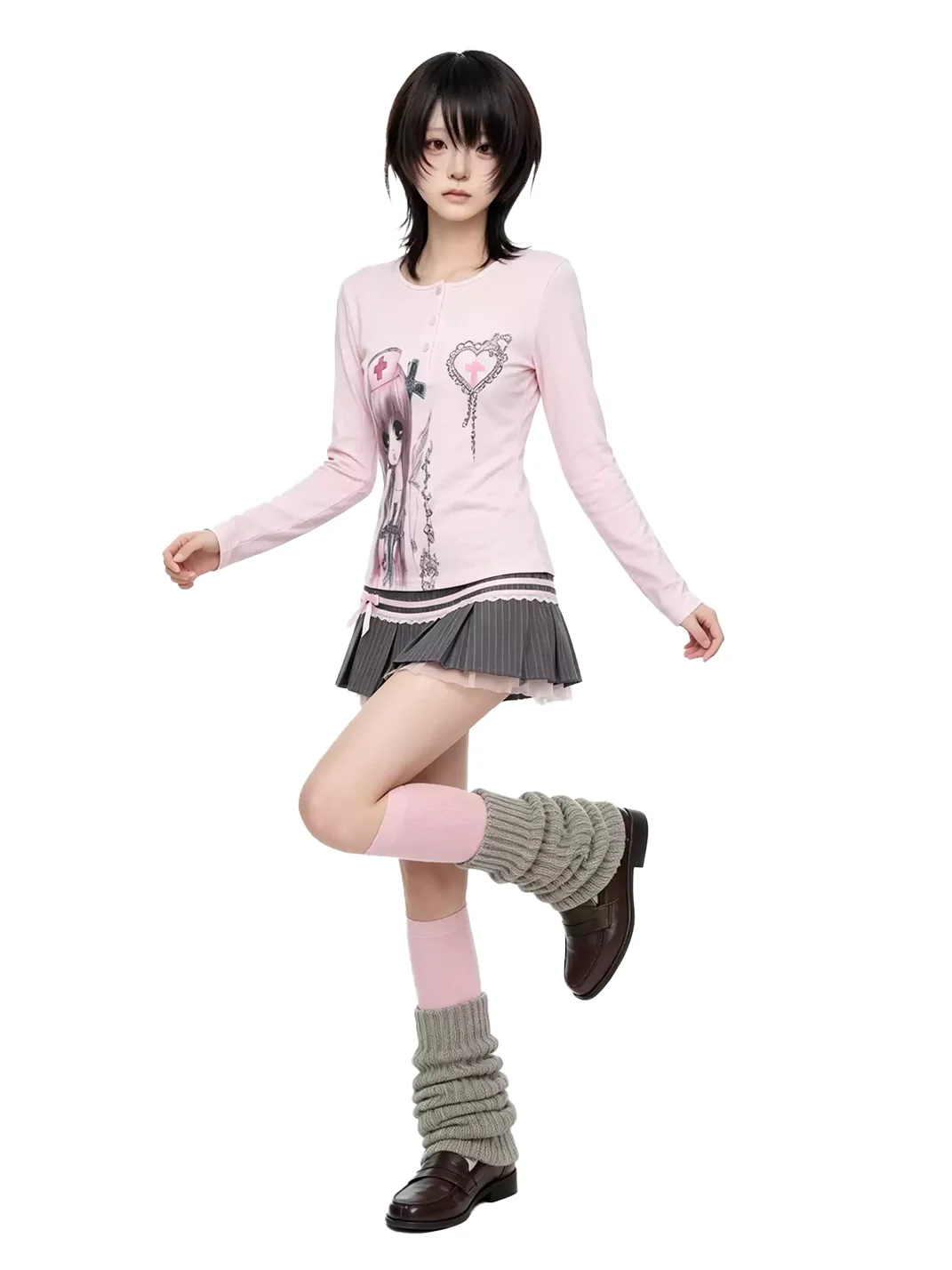 WEBBAR | Pink Anime Cartoon Print Long Sleeve T-Shirt