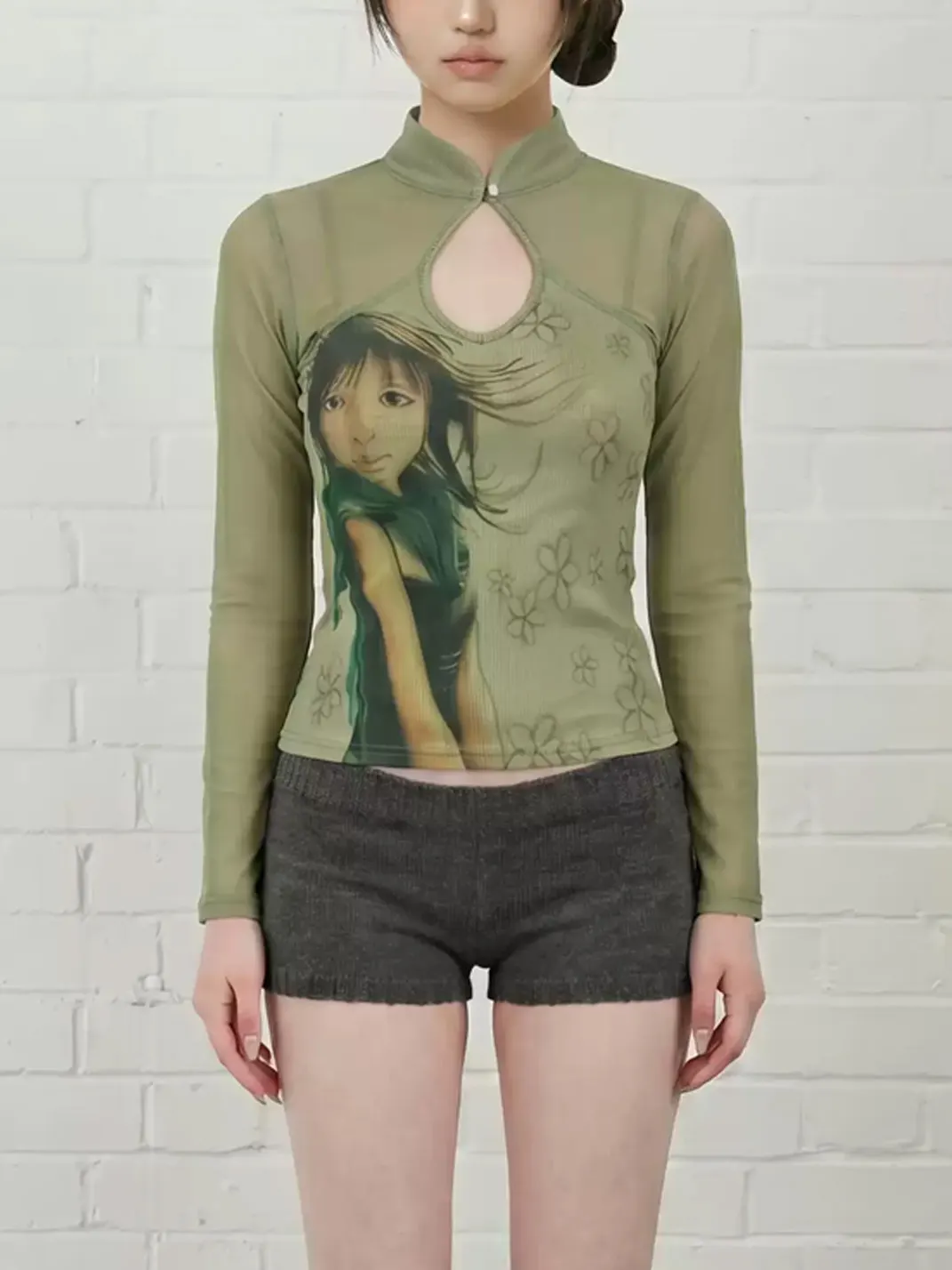 WEBBAR | New Chinese Style Cheongsam Collar Long Sleeve T-Shirt