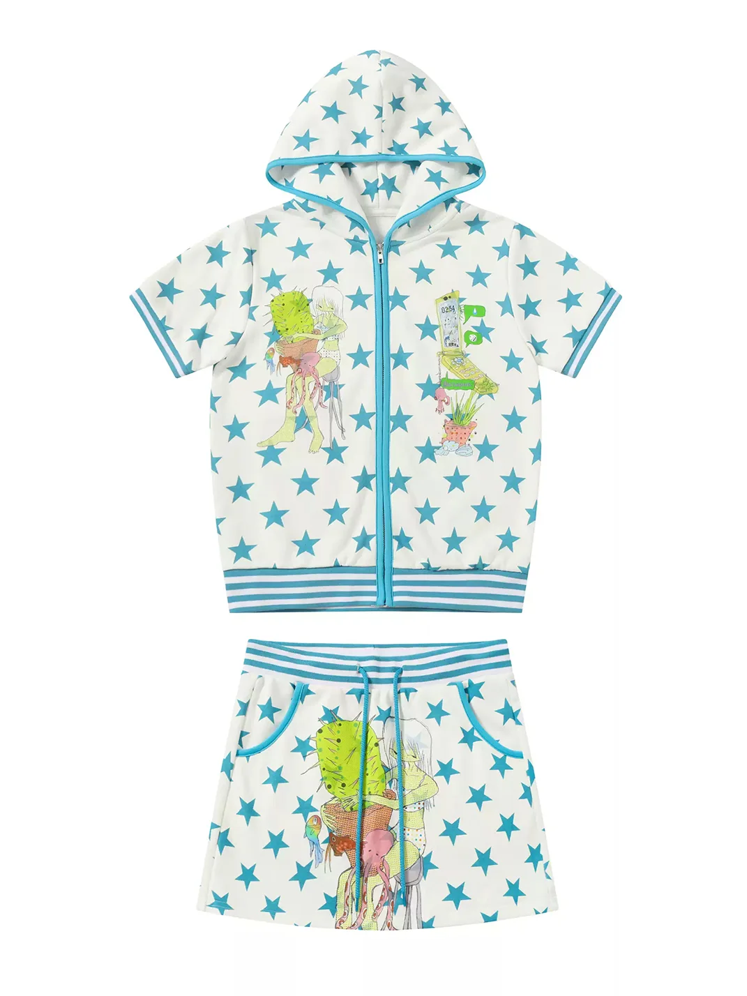 BlackBerry | Blue Star Print Hooded Top and Skirt Set