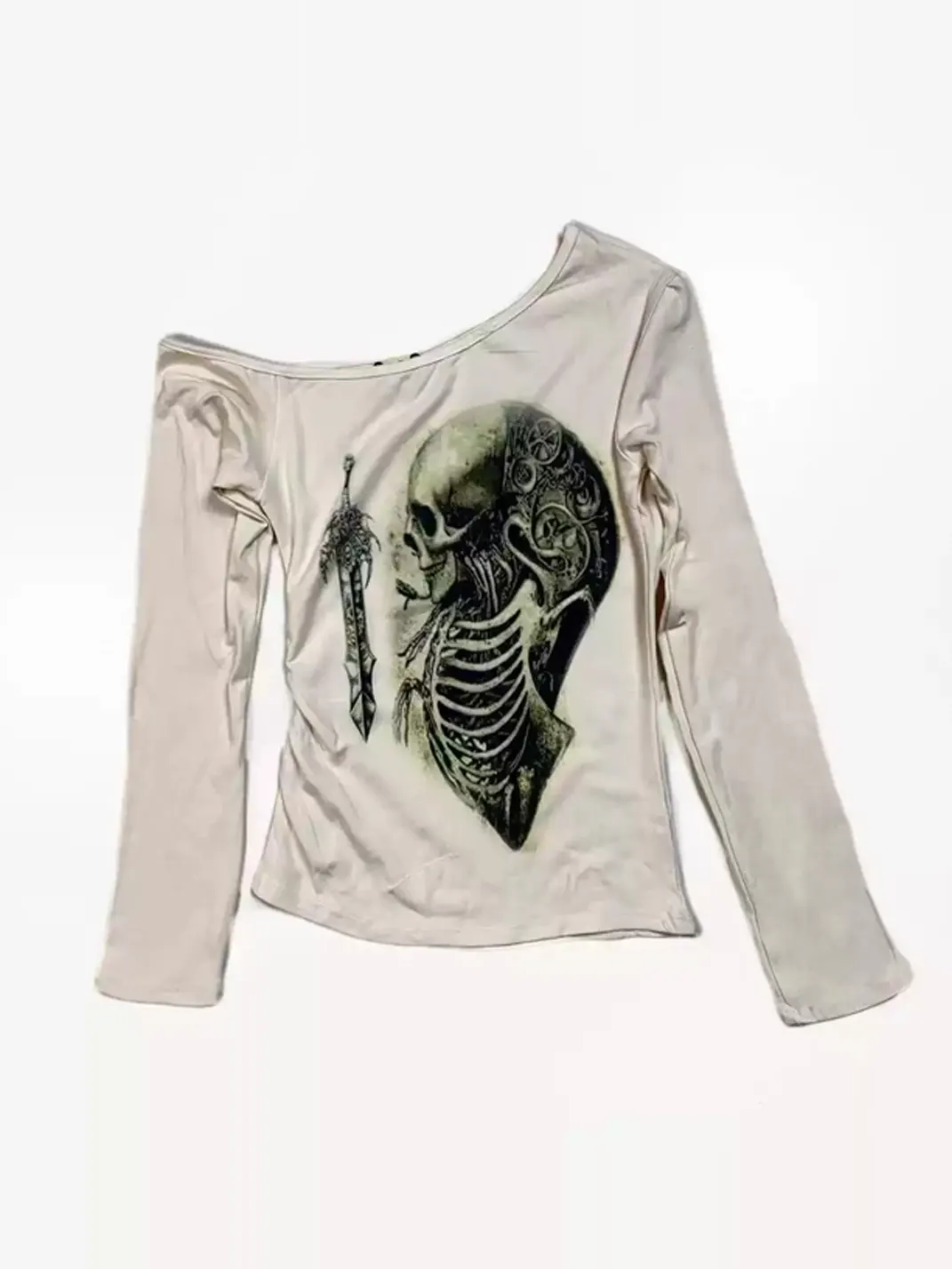 WEBBAR | Off-Shoulder Skeleton Print Modal Long Sleeve T-Shirt