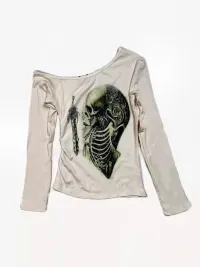 WEBBAR | Off-Shoulder Skeleton Print Modal Long Sleeve T-Shirt