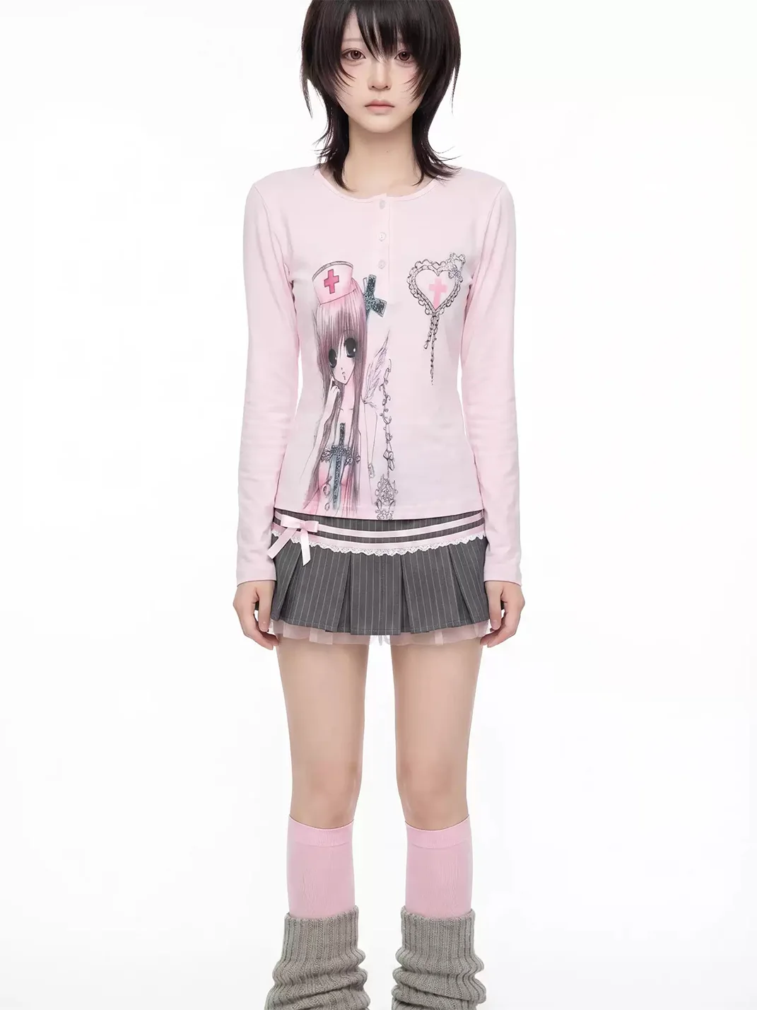 WEBBAR | Pink Anime Cartoon Print Long Sleeve T-Shirt