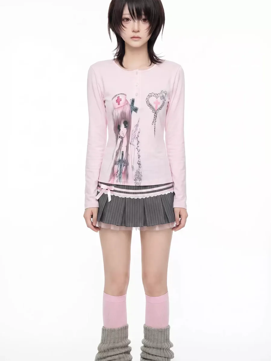 WEBBAR | Pink Anime Cartoon Print Long Sleeve T-Shirt - 3