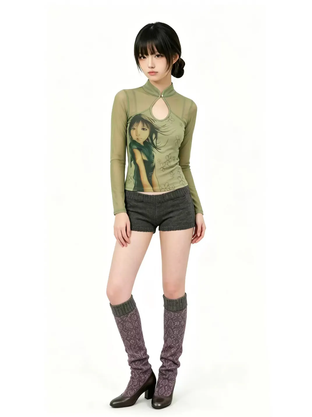 WEBBAR | New Chinese Style Cheongsam Collar Long Sleeve T-Shirt
