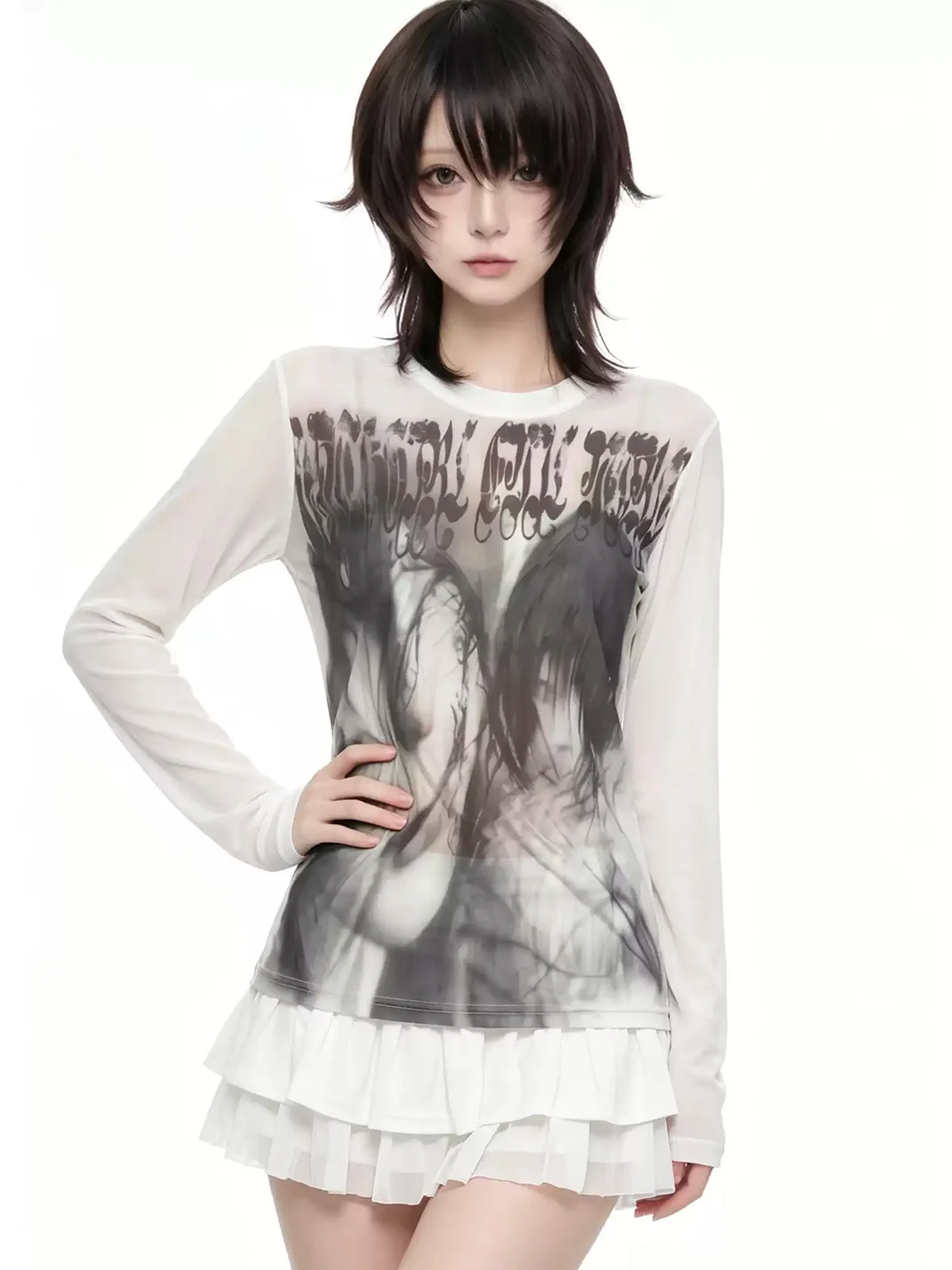 WEBBAR | Goth Emo Graphic Print 100% Cotton Long Sleeve T-Shirt