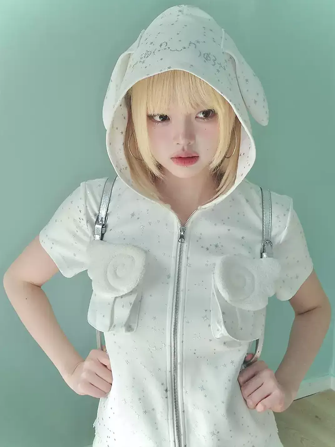 Hashtag DDD | White Star Print Bunny-Ear Hooded Jacket