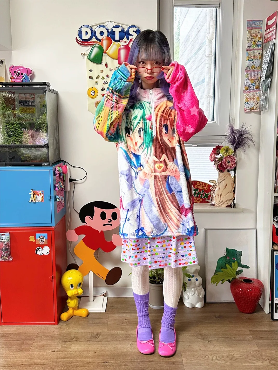 Bunnybunnygun | Anime Print Oversized Flannel Half-Zip Fleece Top