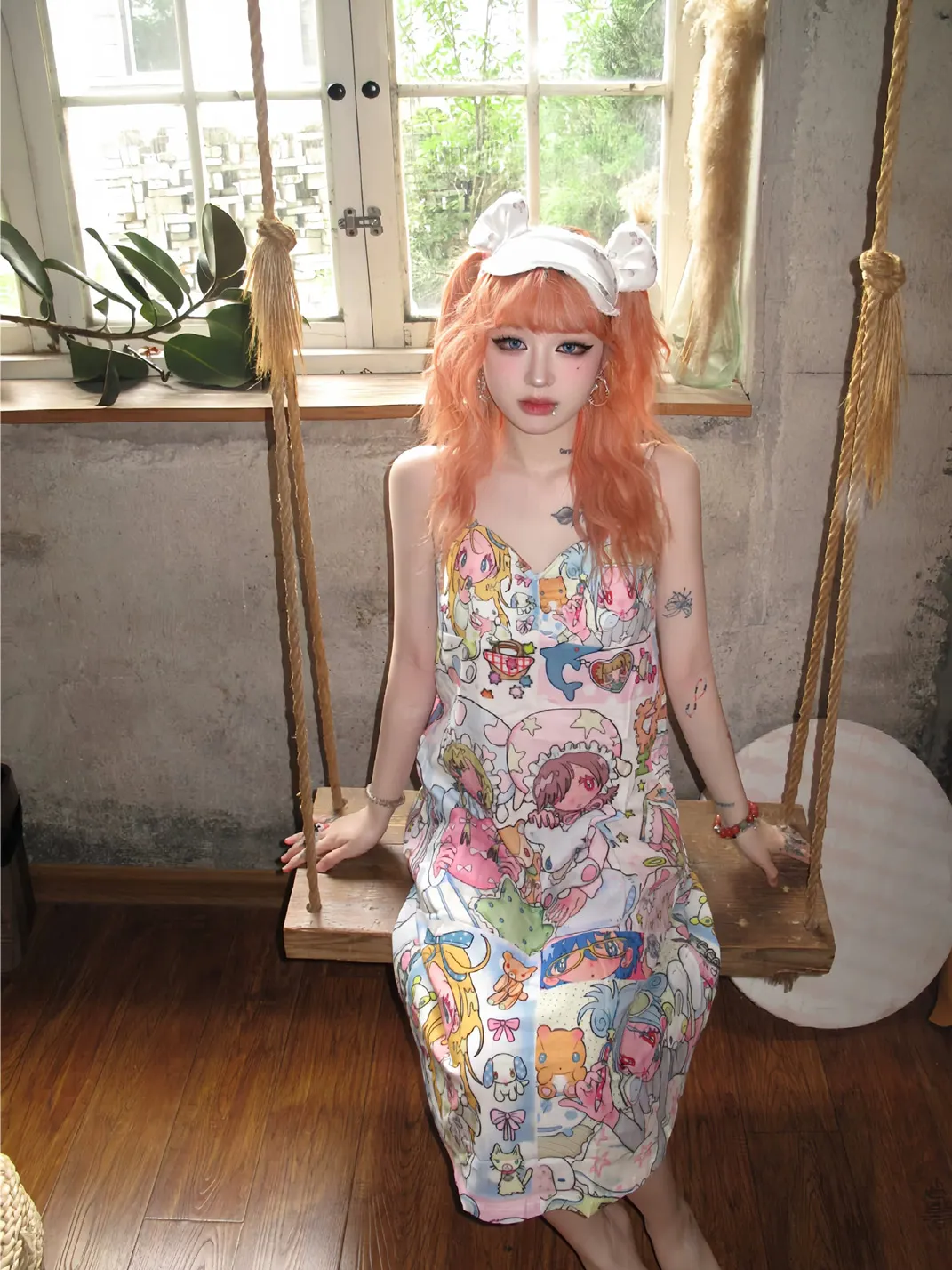 BlackBerry | Cartoon Print Cotton Midi Slip Dress