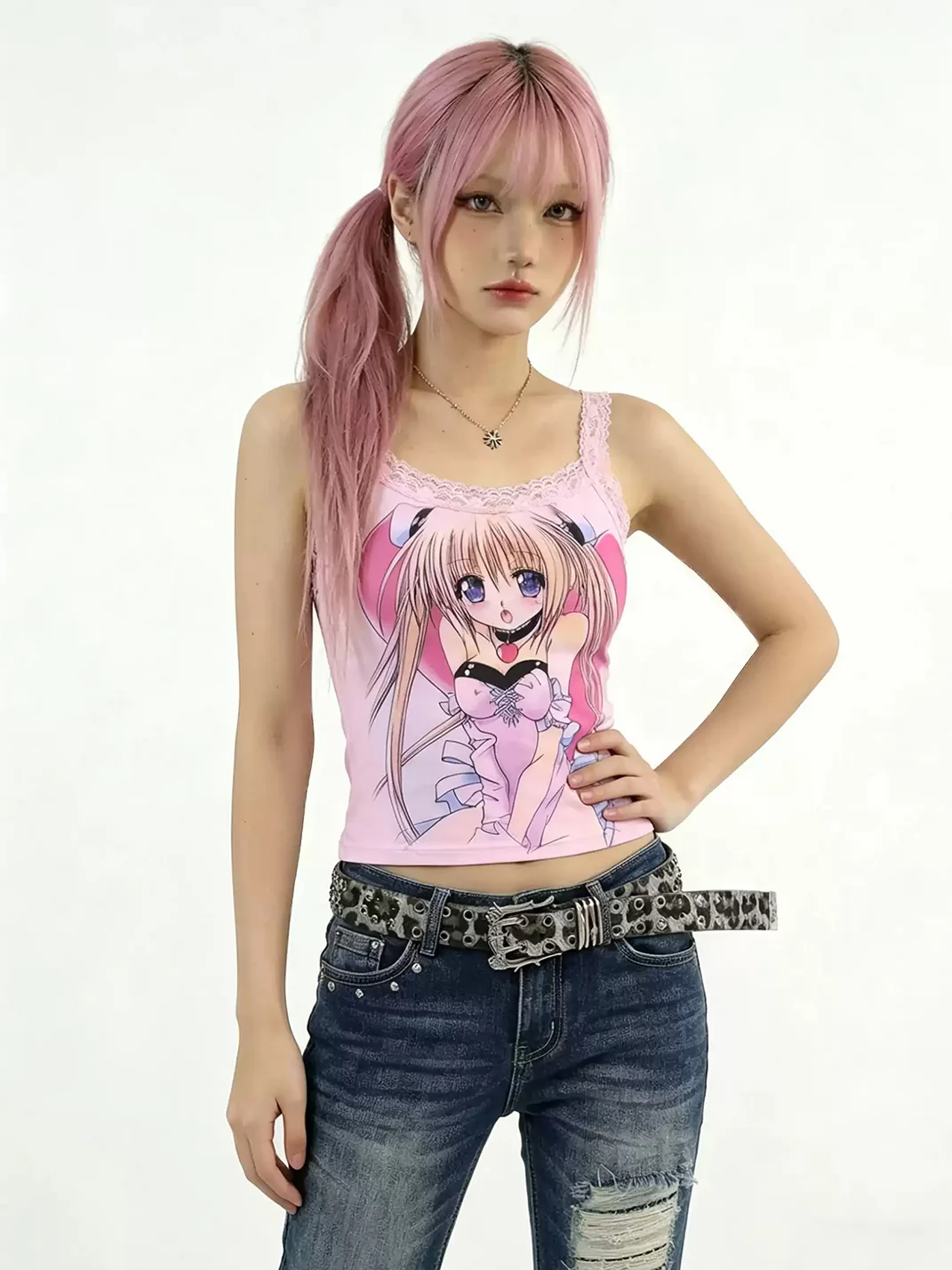 WEBBAR | Pink Lace Camisole With 2D Girl Print