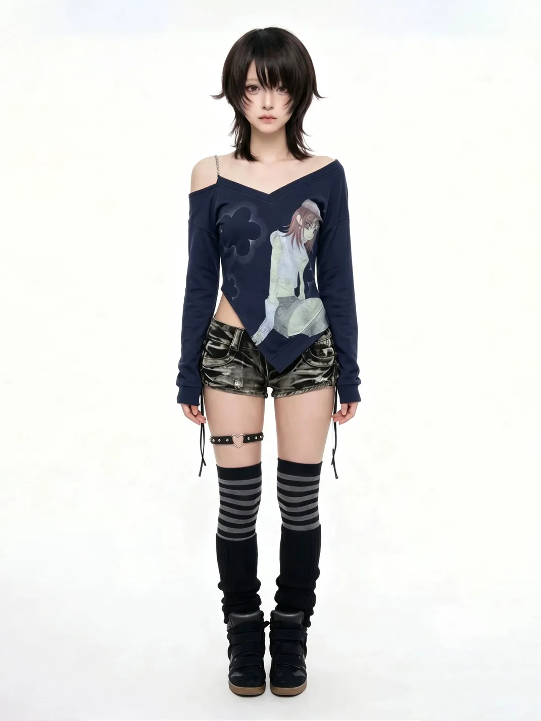 WEBBAR | Cyan Slanted Shoulder Chain Long Sleeve T-Shirt