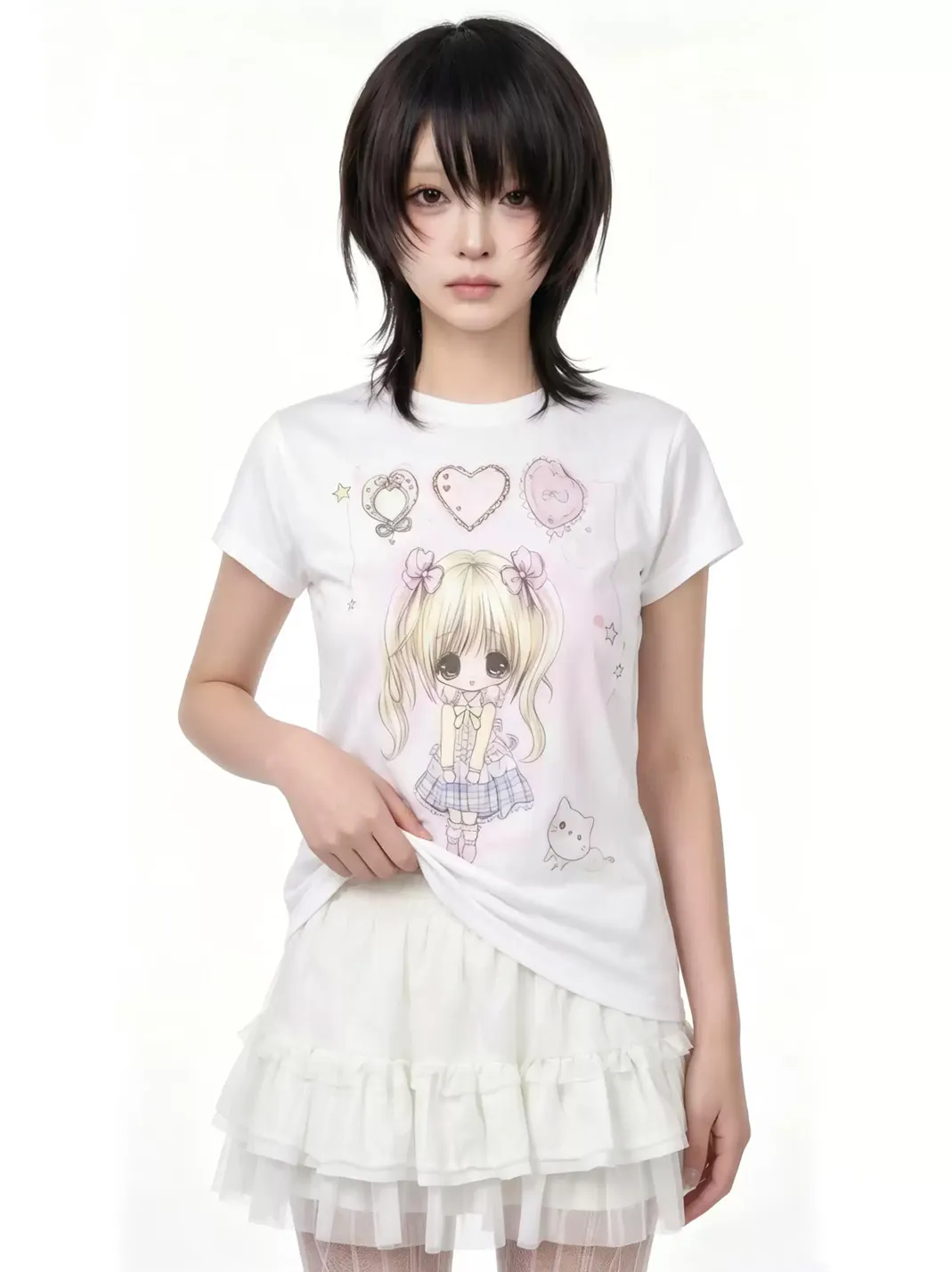WEBBAR | White Short Sleeve T-Shirt With Cute Cartoon Prints