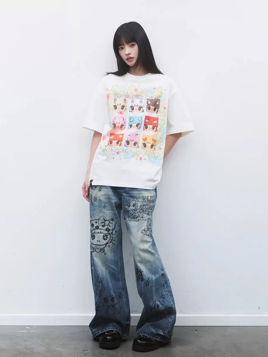 EeeeArtmonster | Nine-Panel Cartoon Print T-Shirt - 4