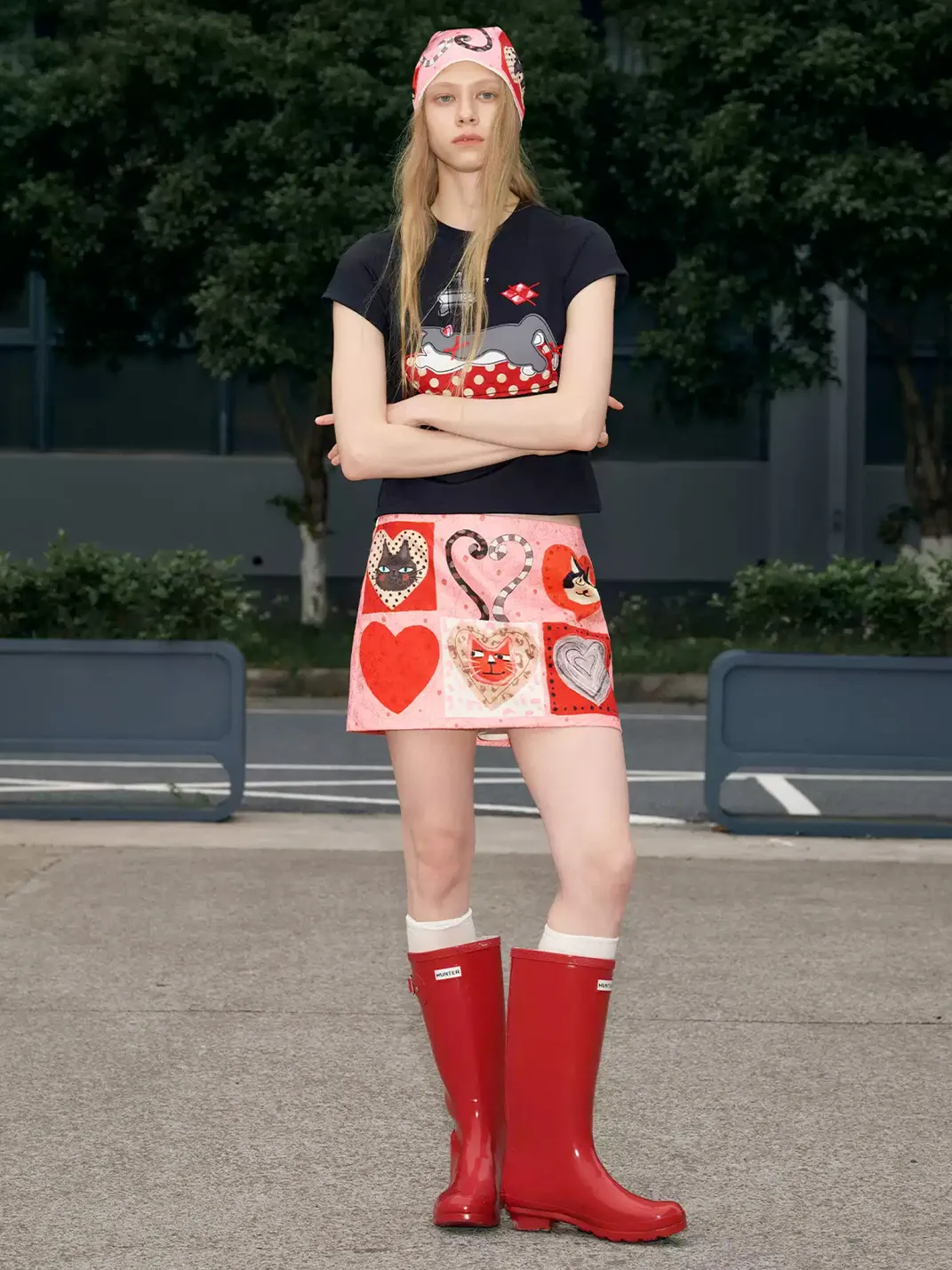 Outthe Blue | Cat and Heart Jacquard Straight Mini Skort